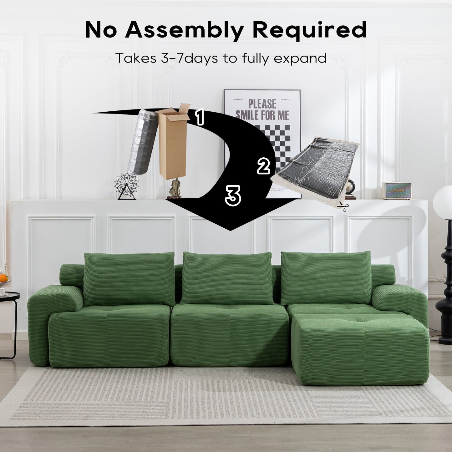 L-Shaped Sectional Sofa Bed – No Assembly, Memory Foam, Steel Frame (Grey/Green)