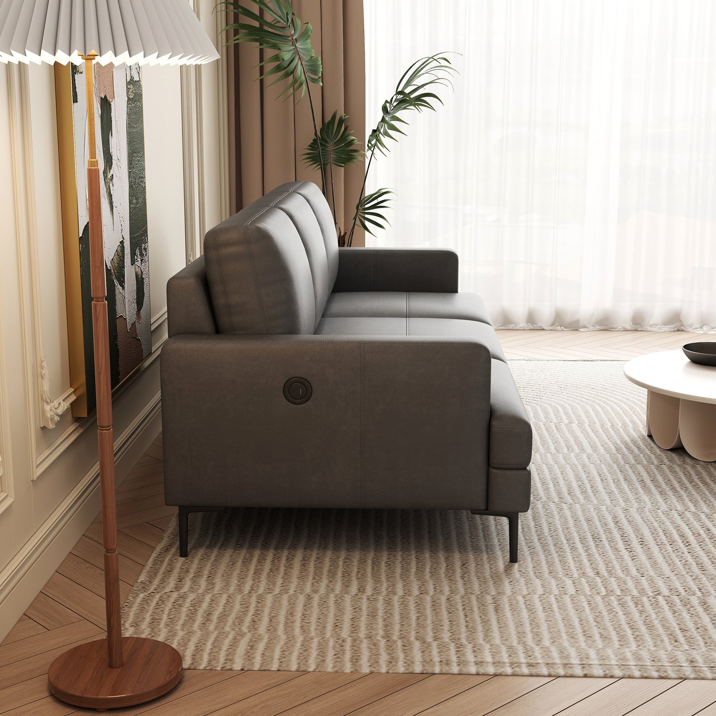 77 - inch Gray Luxury Genuine Leather - Match Sofa: USB & Type - C Charger, 3 - Seater for Living & Office