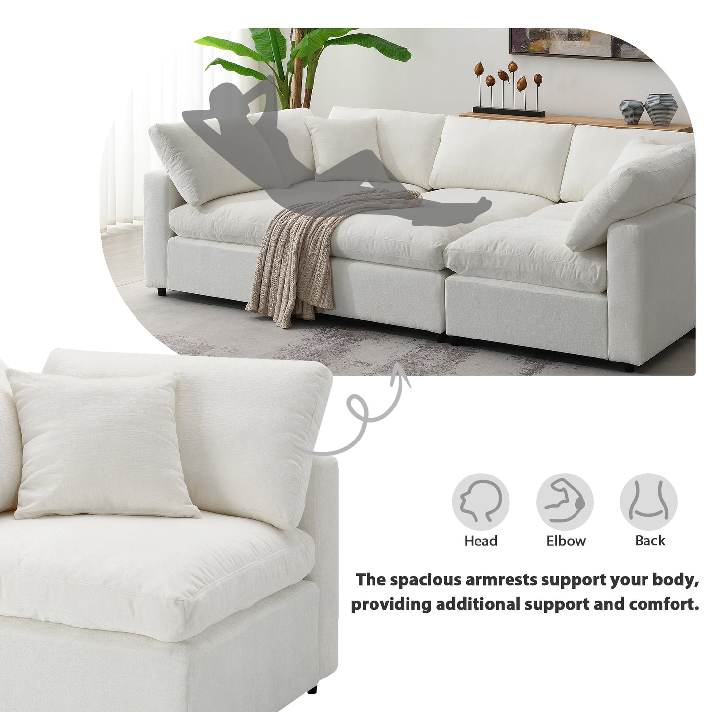 130" Modern Modular Cloud Sofa Bed: 6 - Seat Chenille Sectional with Ottoman, Free - Combo, U - Shaped Sleeper for Living Room