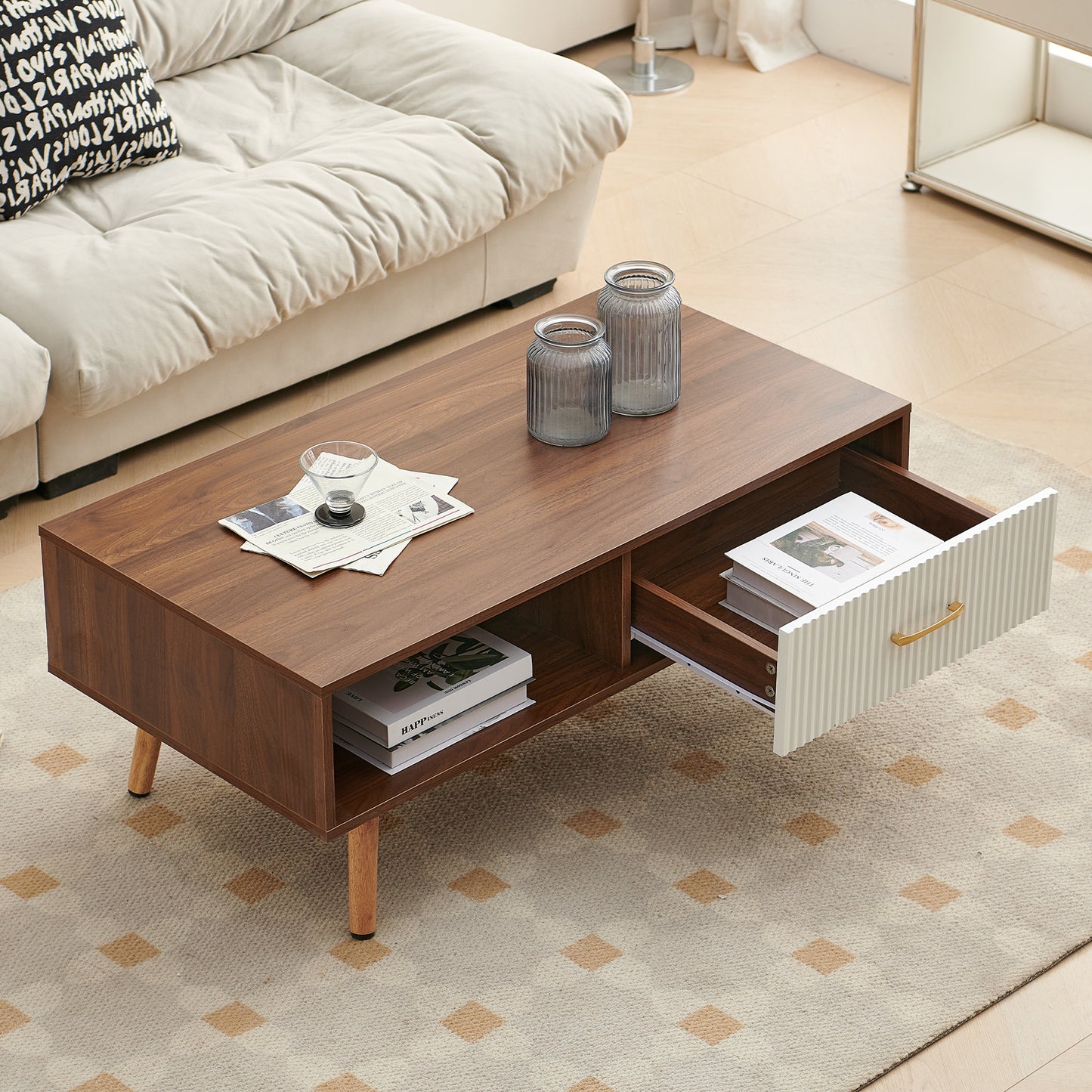 Coffee Table with Sliding Drawer: Rectangle Design, Solid Wood Legs-6 Colors