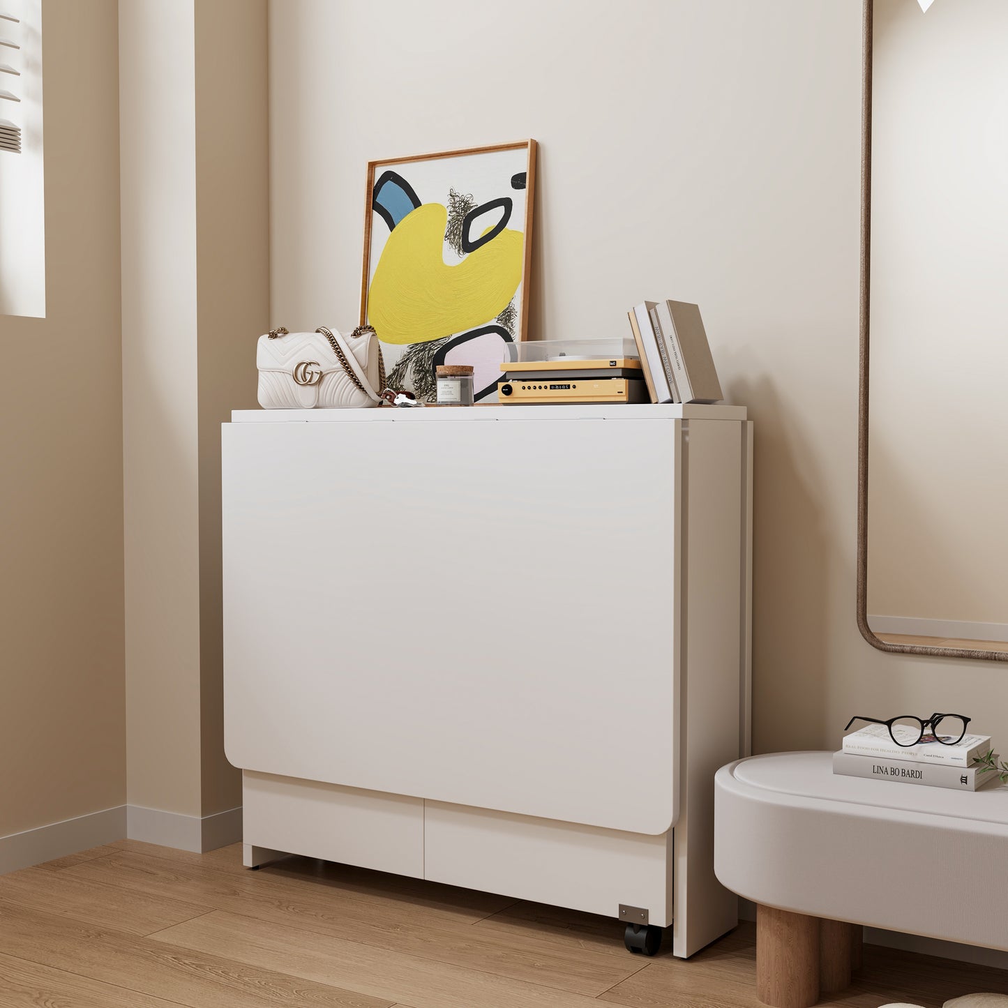 Fully unfolded white foldable long table