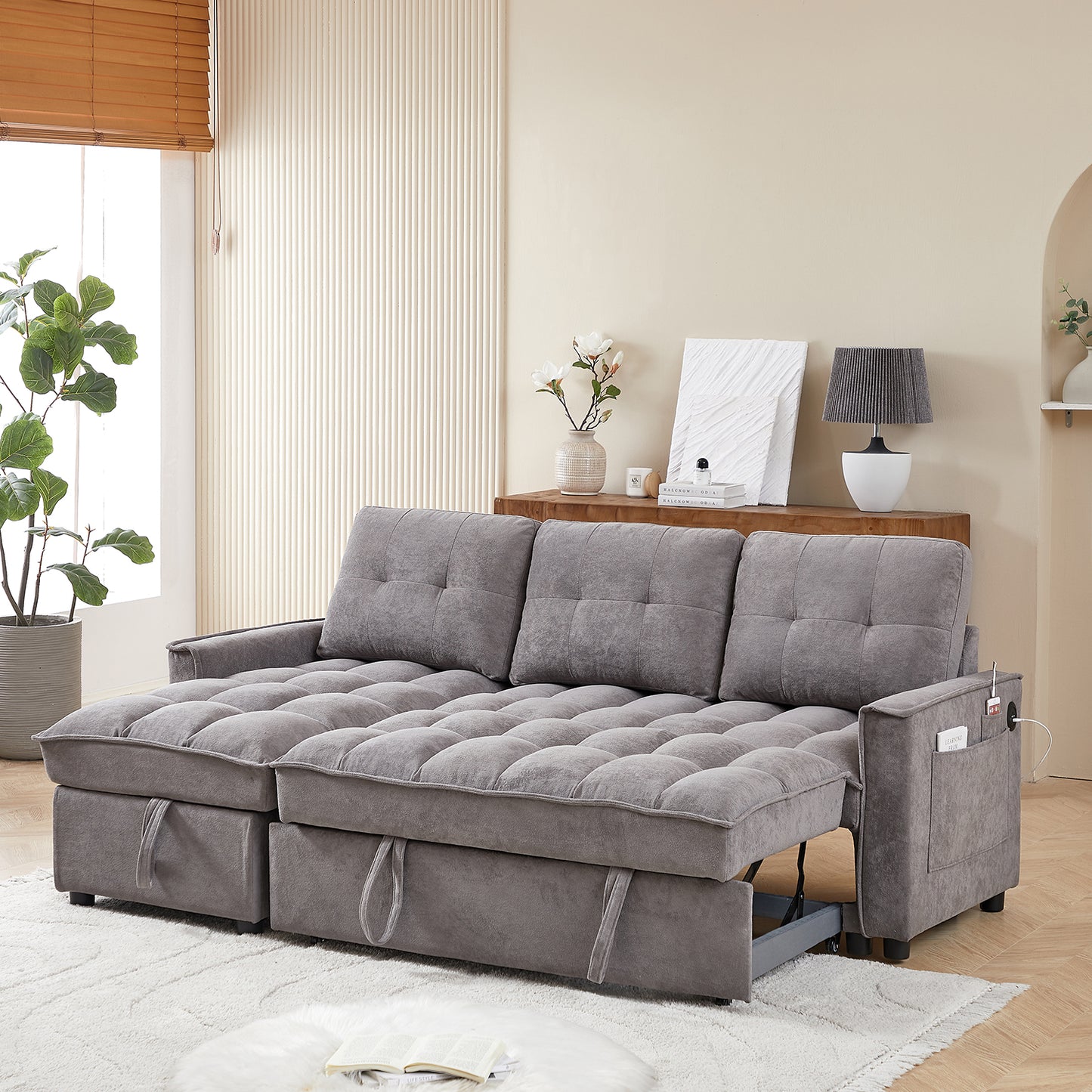 Pull-Out Sofa Bed with USB and tape-c charging ports, L-Shaped Sectional Sofa with Reclining Storage and Arm Side Organizer Pocket Features