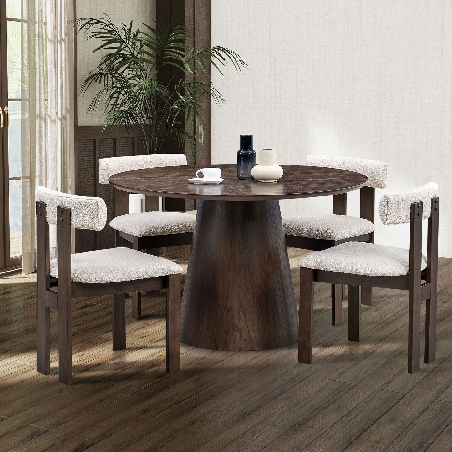 Modern Round MDF Wooden Dining Table and Boucle Upholstered Chair Ensemble