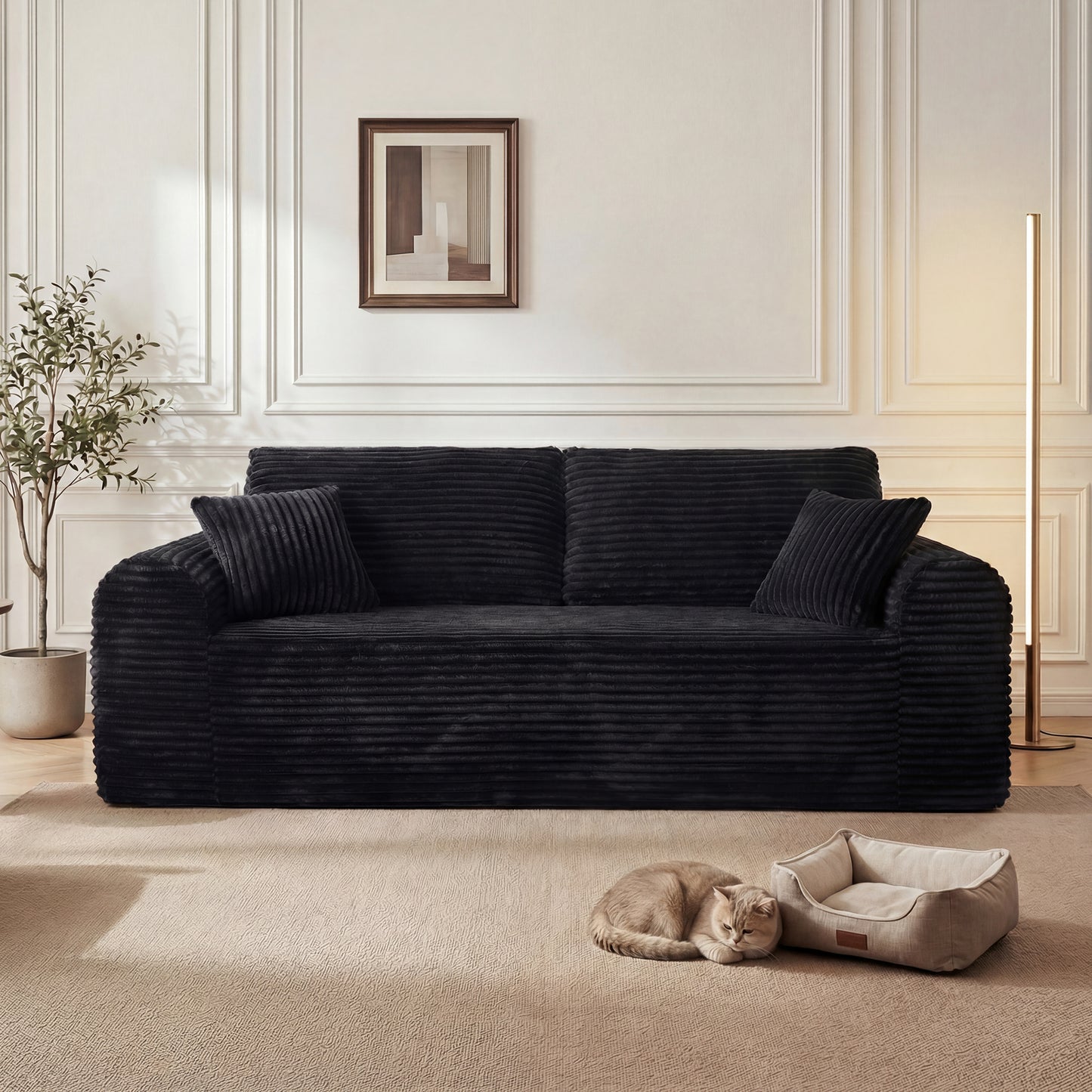 3-Seater Corduroy Boneless Couch with 2 Pillows | No Assembly, Vacuum-Sealed Sofa-in-a-Box for Living Room – Beige/Black