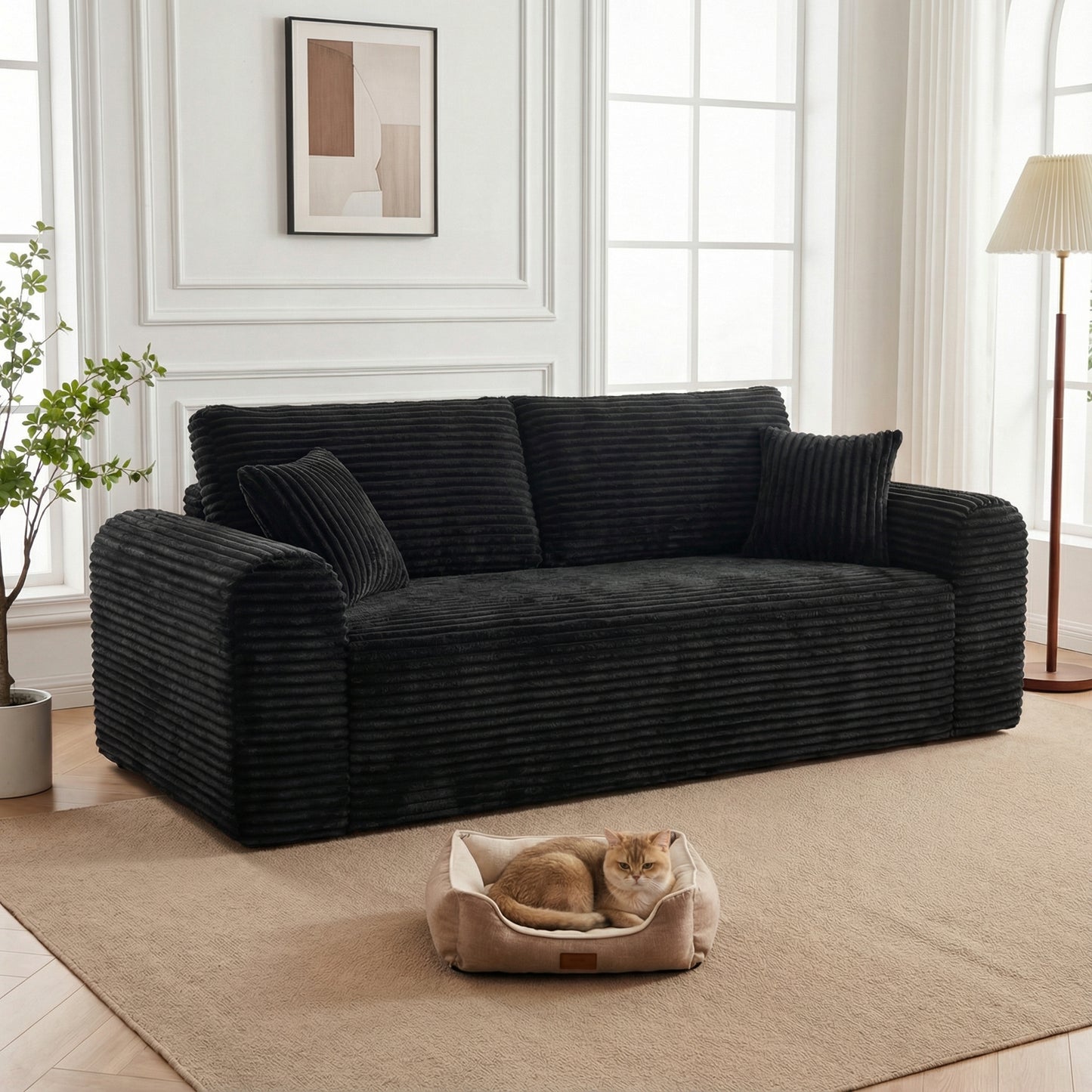 3-Seater Corduroy Boneless Couch with 2 Pillows | No Assembly, Vacuum-Sealed Sofa-in-a-Box for Living Room – Beige/Black