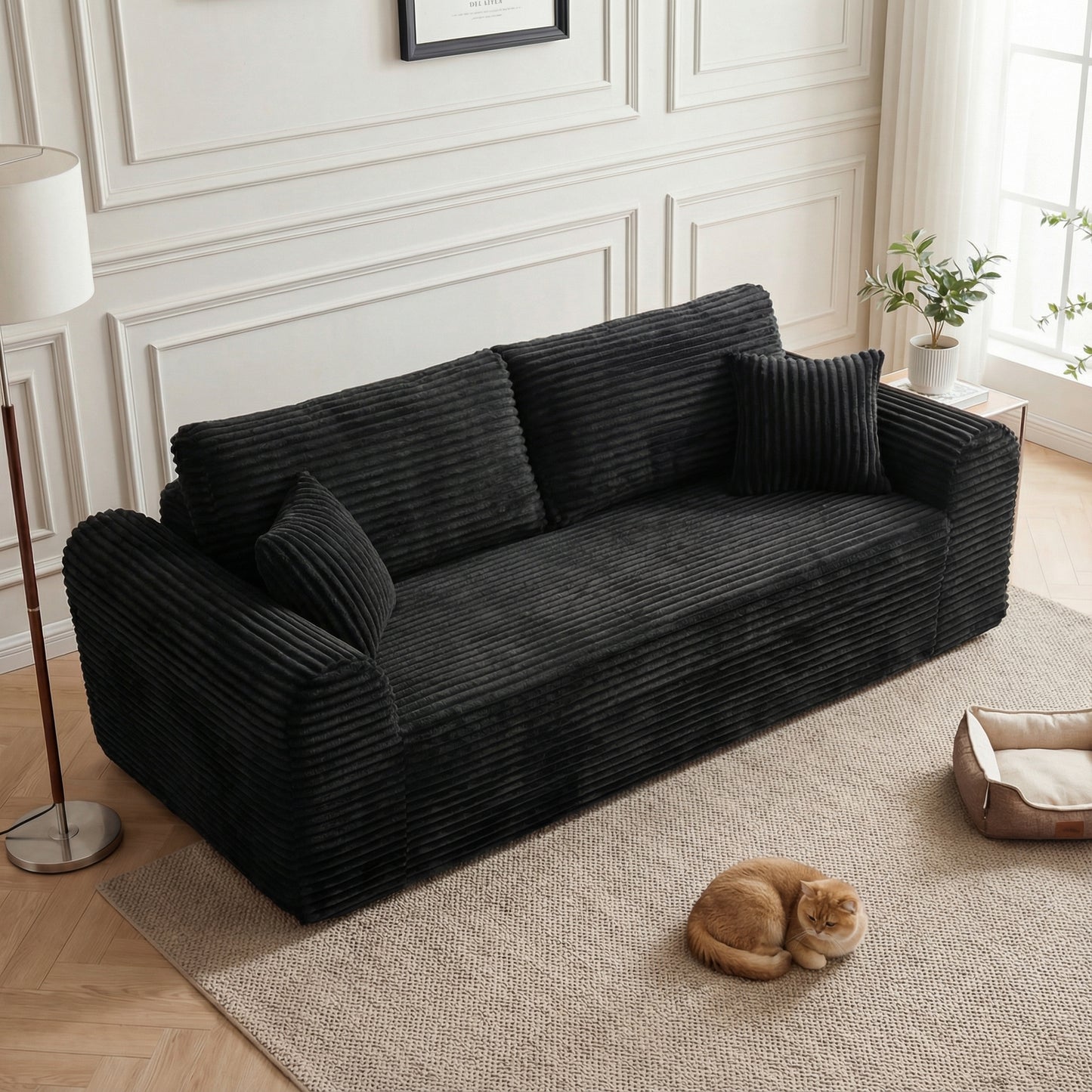 3-Seater Corduroy Boneless Couch with 2 Pillows | No Assembly, Vacuum-Sealed Sofa-in-a-Box for Living Room – Beige/Black