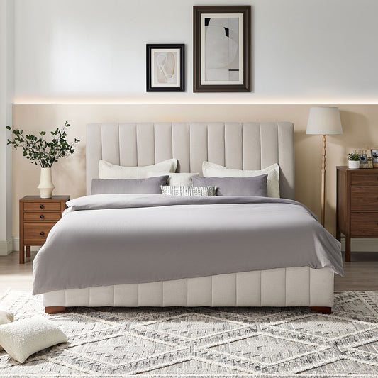 Modern Upholstered Queen Bed Frame with Fabric Headboard: No Box Spring Needed