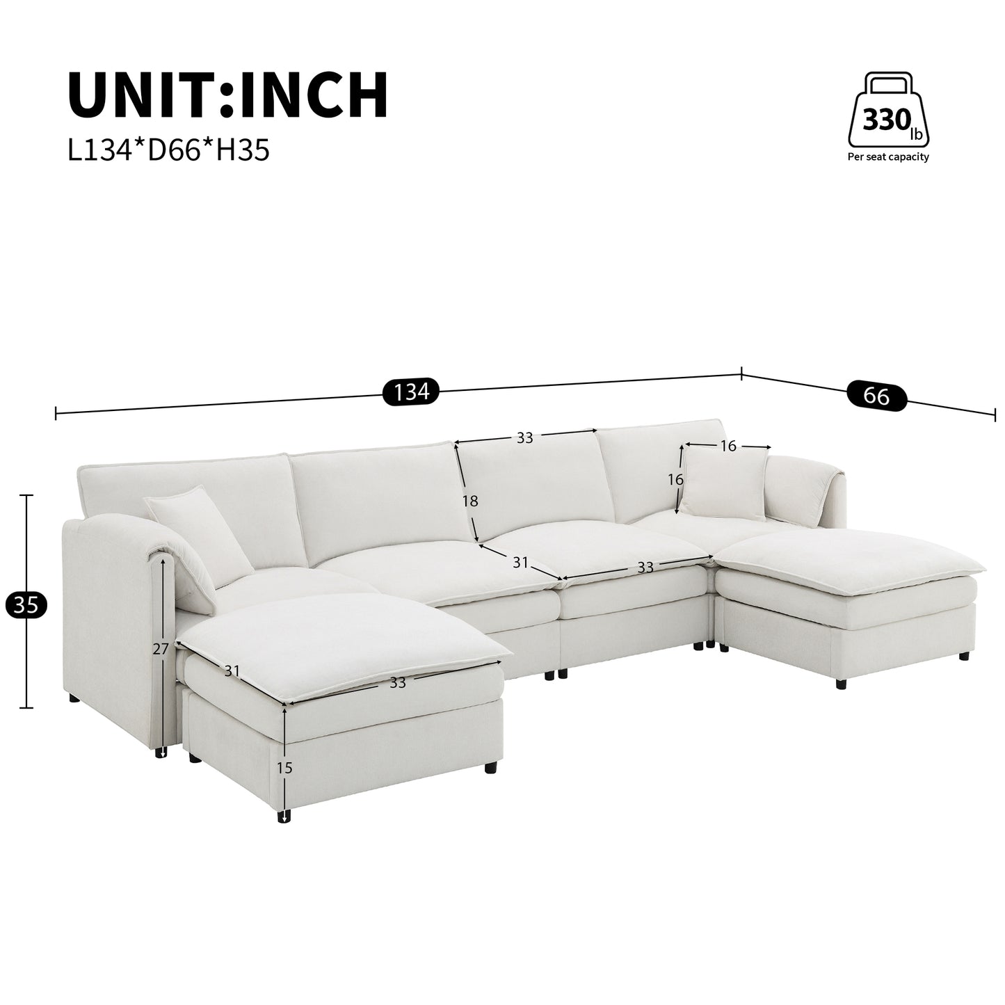 134" Chenille Modular U - Shaped Sectional: Double - Cushioned Cloud Couch, 6 - Seat Sleeper with Ottomans for Living Room