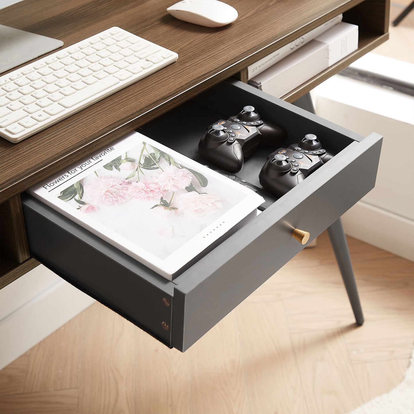 Mid - Century Modern Desk: USB Ports, Power Outlet, Drawers for Home Office