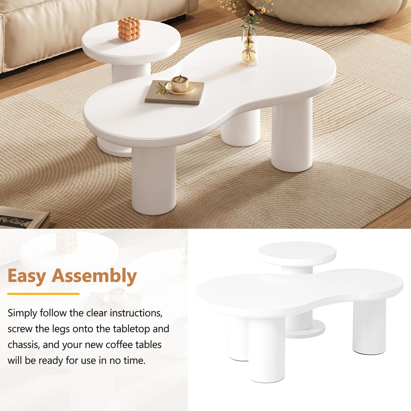 Easy Assembly Nesting Coffee Table Set of 2, Cream Style Cloud Coffee Table with Round Small Side Table