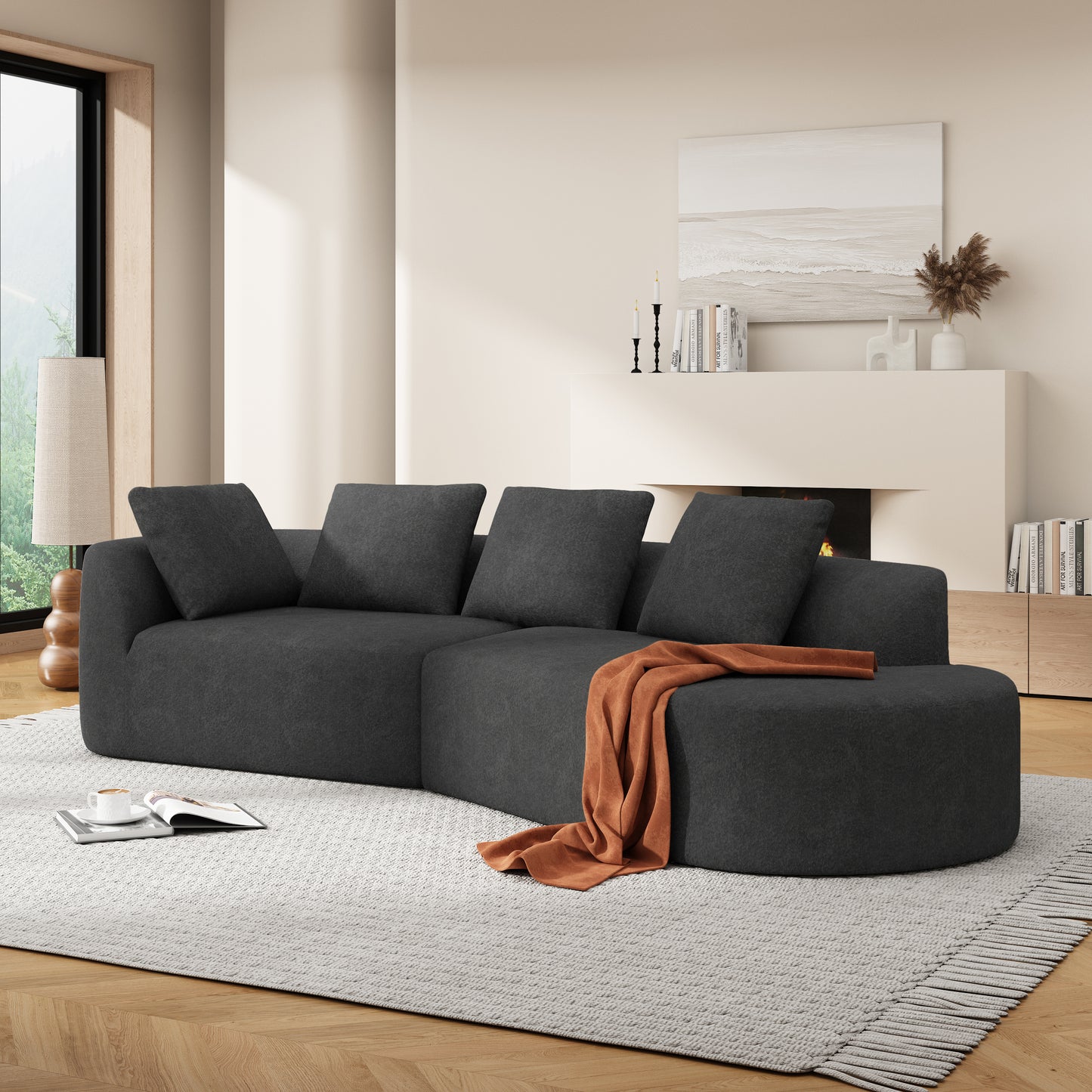 Fully Assembled 116" Modern Curved Sectional with Chaise: High - Density Compressed Sponge, Pearl Upholstery - Ideal for Living Rooms