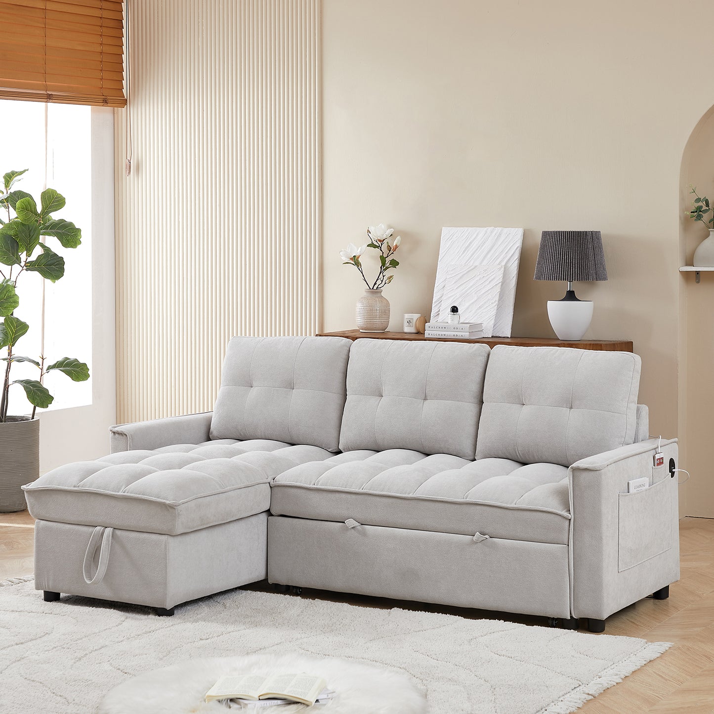 Pull-Out Sofa Bed with USB and tape-c charging ports, L-Shaped Sectional Sofa with Reclining Storage and Arm Side Organizer Pocket Features