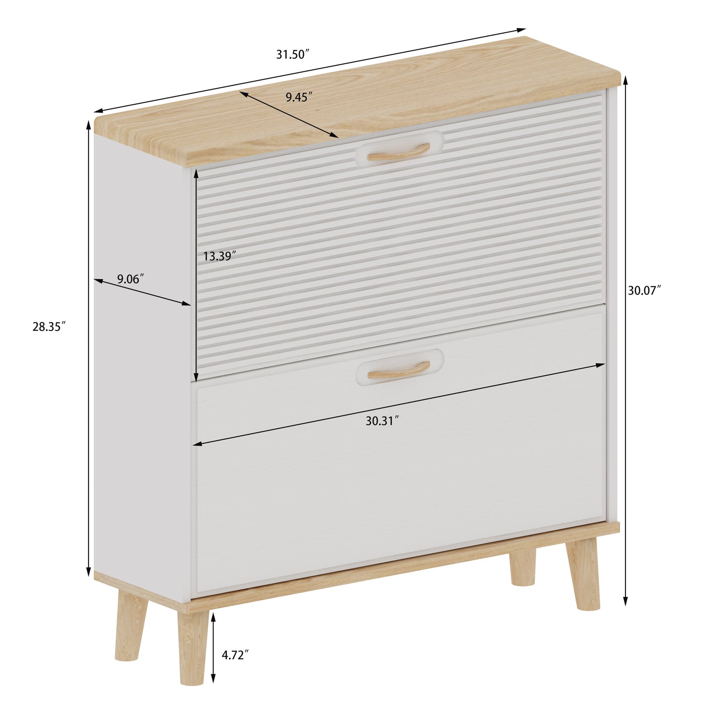 Entryway Shoe Storage: Narrow Cabinet with 2 Flip Drawers, Natural Wood Legs, Holds 8 - 16 Pairs