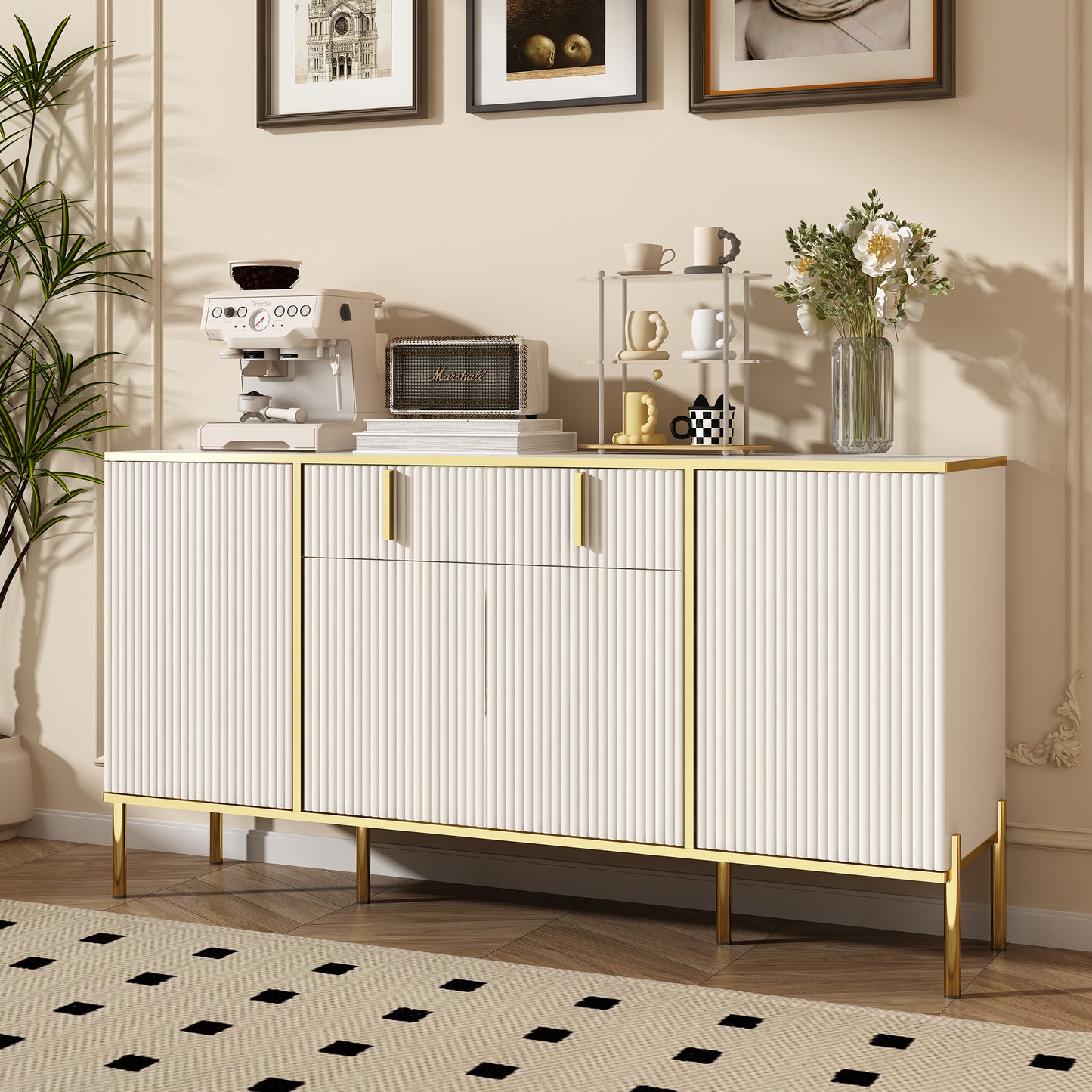 Modern Sideboard Cabinet - 4 Doors, 2 Drawers, White