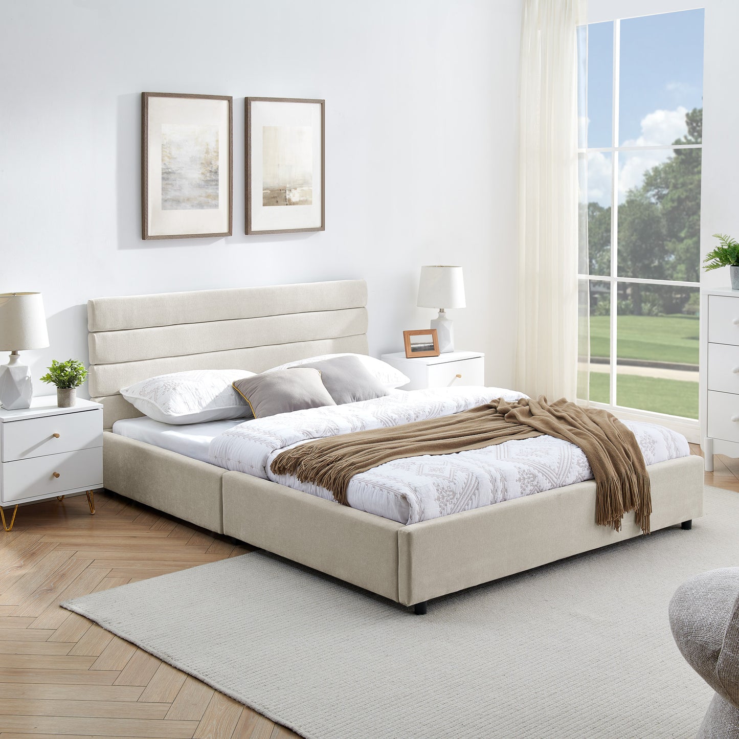 Comfortable Cushioned Bed Frame with Drawers: Headboard & Solid Build 3Colors