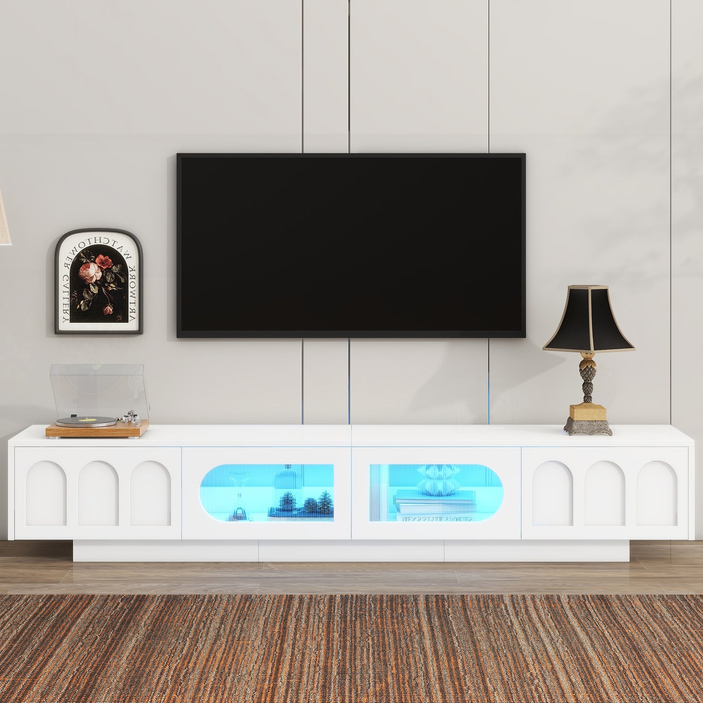 TV Stand with Fluted tempered Glass Doors for TVs Up to 95''Entertainment Center with APP-Controlled LED Light
