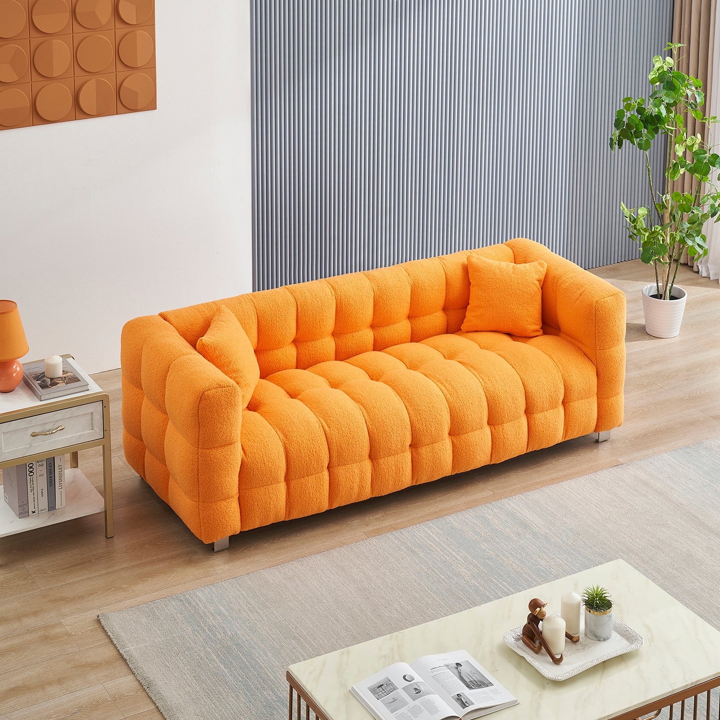 Teddy Fleece Sofa for Living Room or Bedroom, Including Two Throw Pillows & Sturdy Hardware Foot Support