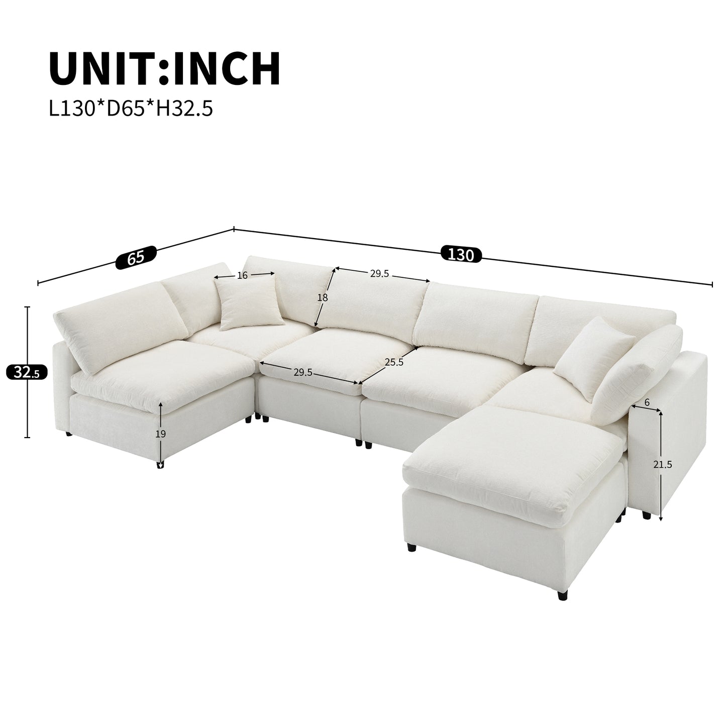 130" Modern Modular Cloud Sofa Bed: 6 - Seat Chenille Sectional with Ottoman, Free - Combo, U - Shaped Sleeper for Living Room