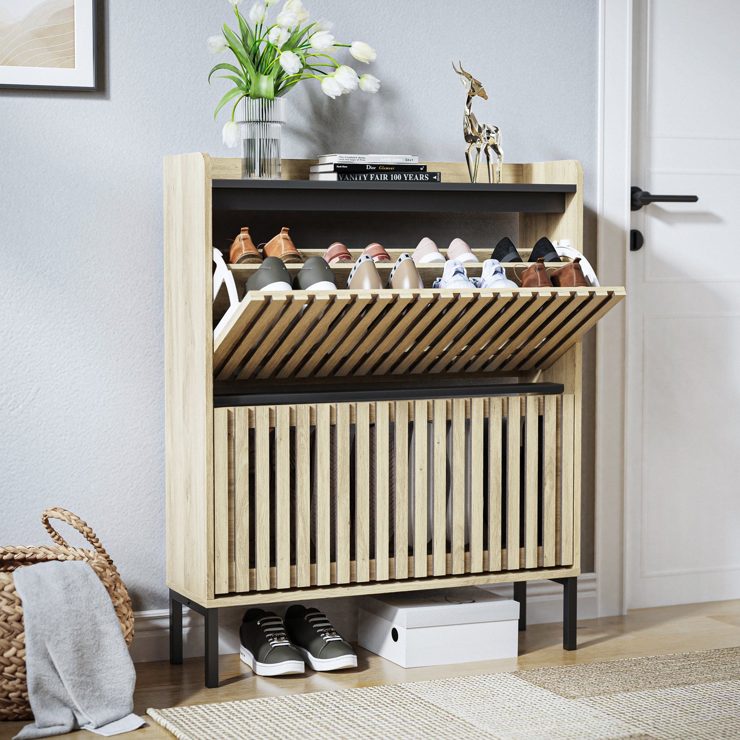 Modern Minimalist 2 Flip Shoe Cabinet for Entryway