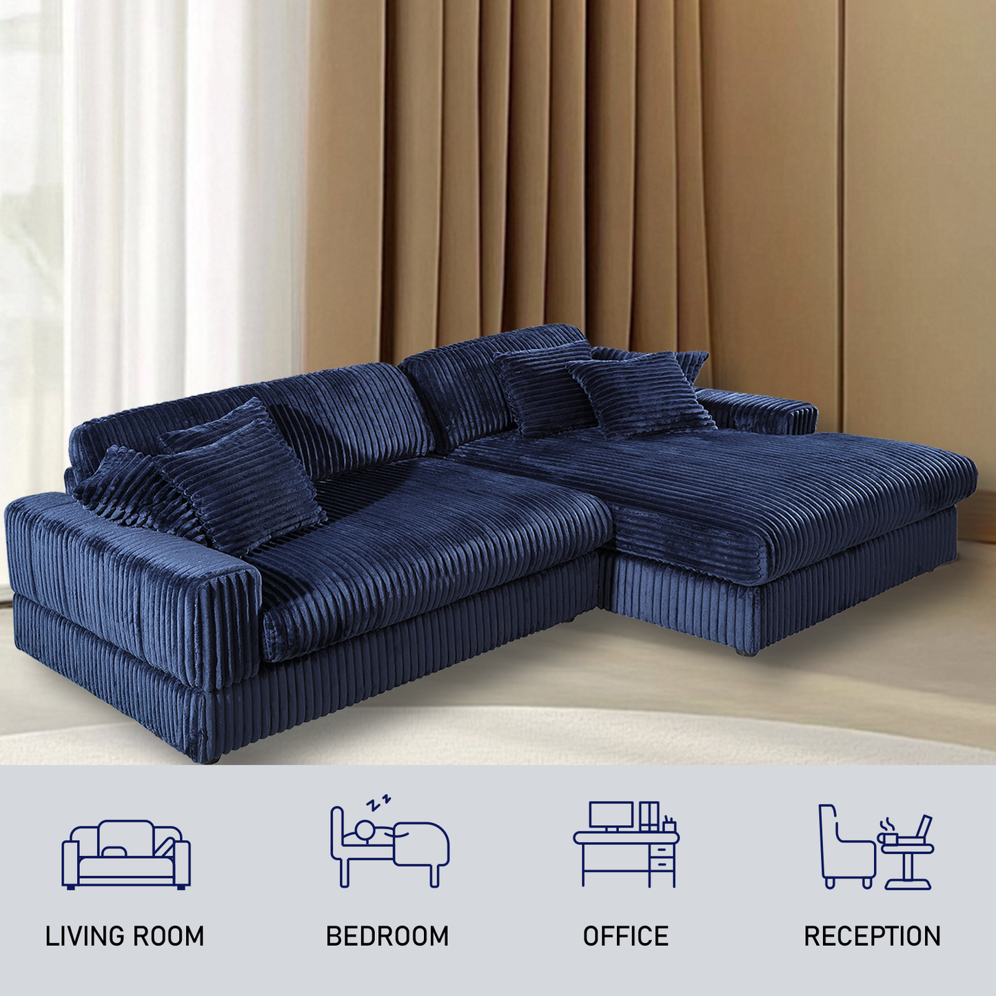 Corner Sleeper Sofa with 6 Pillows: Modern Corduroy, Deep Seat for American Living Rooms