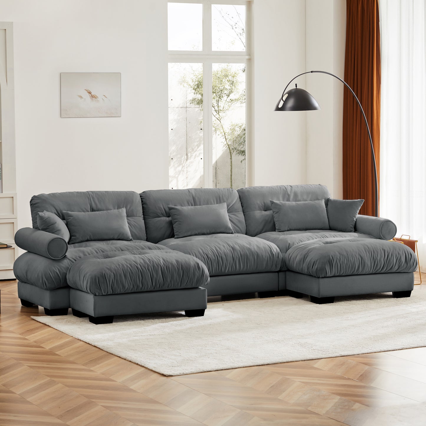 Deep Seat Cloud Couch Modular Velvet Sectional Sofa Couch with Movable Ottoman,Corner Sectional with Bolstered Armrests