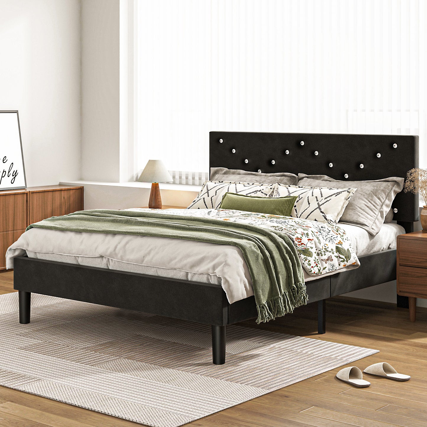 Modern Platform Bed Frame with Upholstered Headboard and Wooden Slats - Skip Box Spring, Easy Assembly