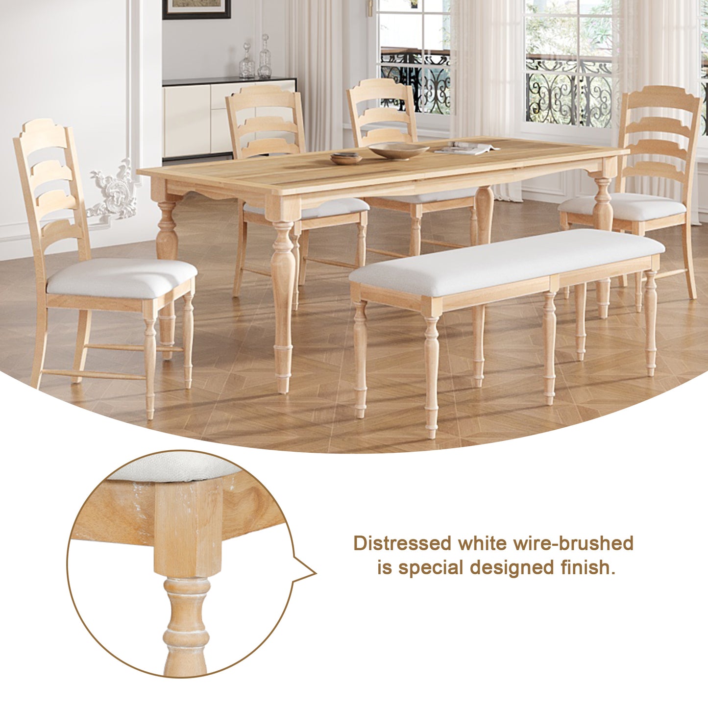 82.7inch 6-Piece Dining Table Set with 23.6inch Leaf, 50.4inch Bench and 4 Chairs