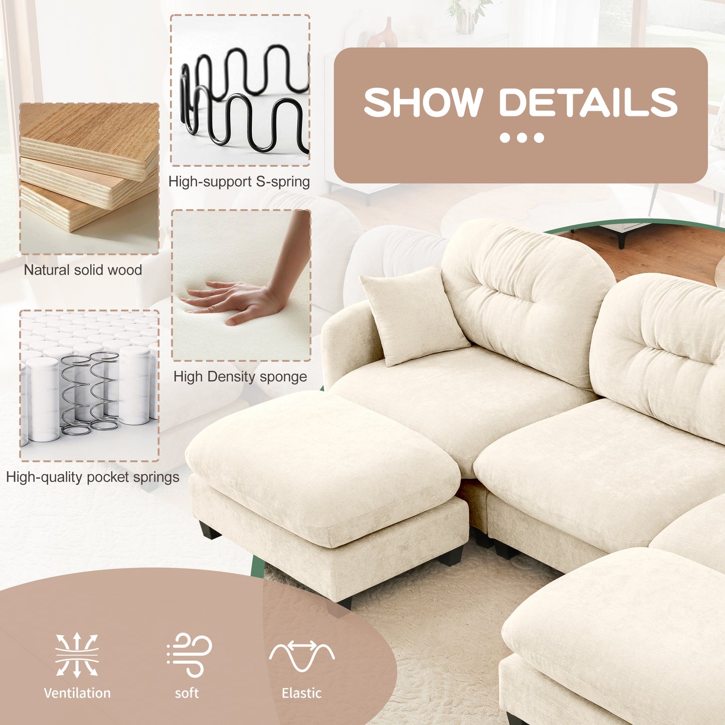 Modular Sectional Couch Chenille Fabric High-Density Foam 2-4 Seats ottoman Optional