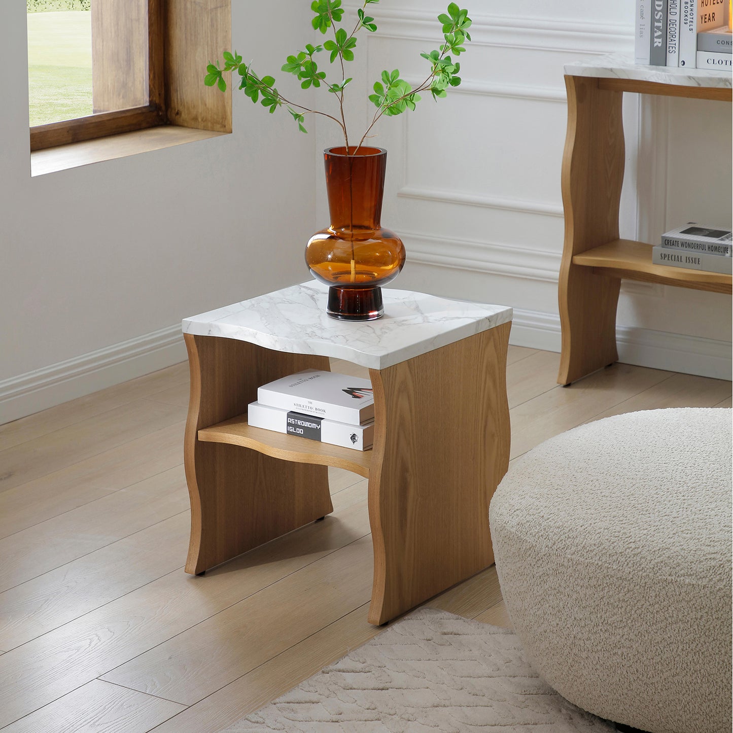 Modern Faux Marble Coffee Table  End Table Set | White Marble Top, Solid Wood Veneered Base – Flowing Wave Design, Natural/Walnut
