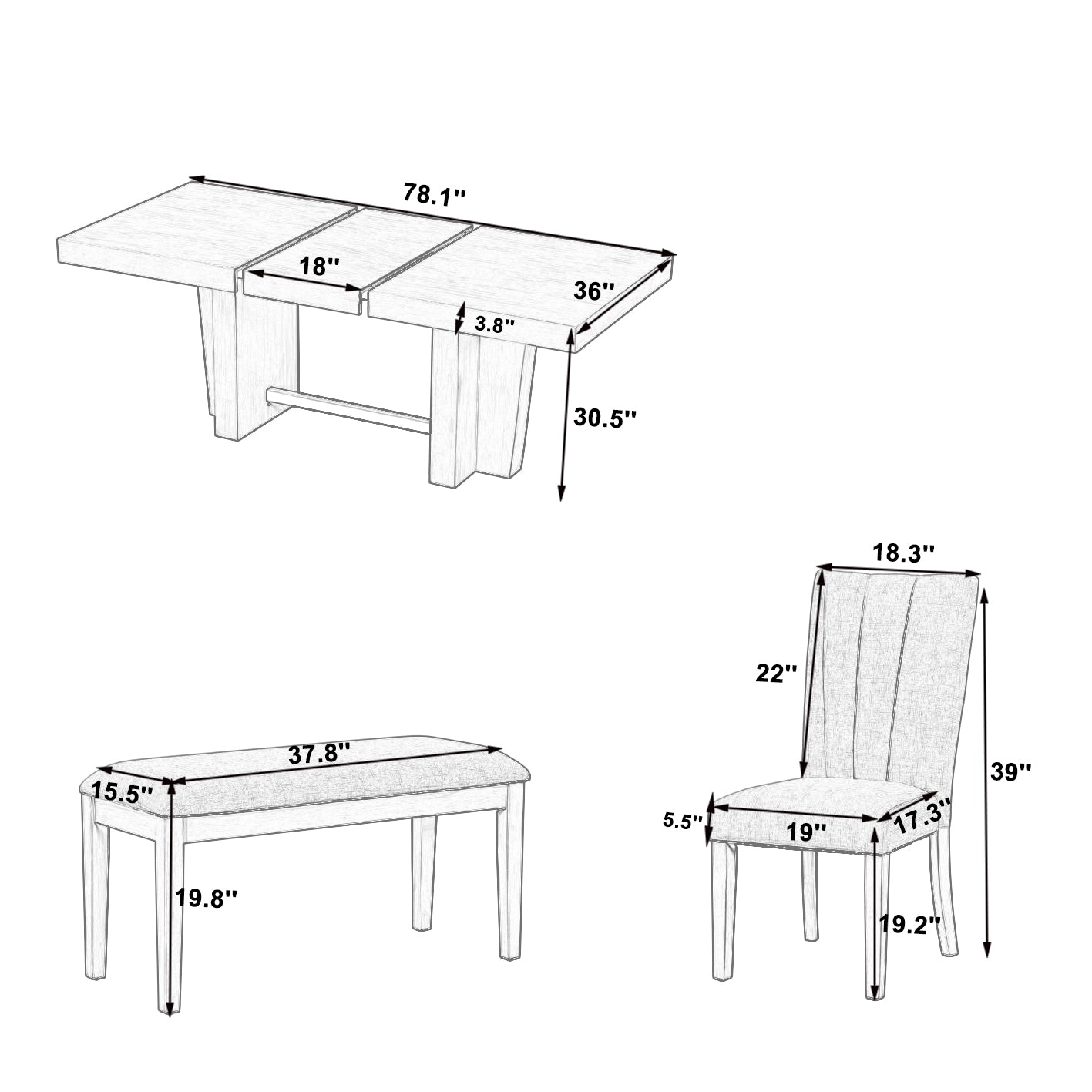 Extendable Wood Dining Table Set for 6, Kitchen Table Set with Bench and 4 Upholstered Chairs