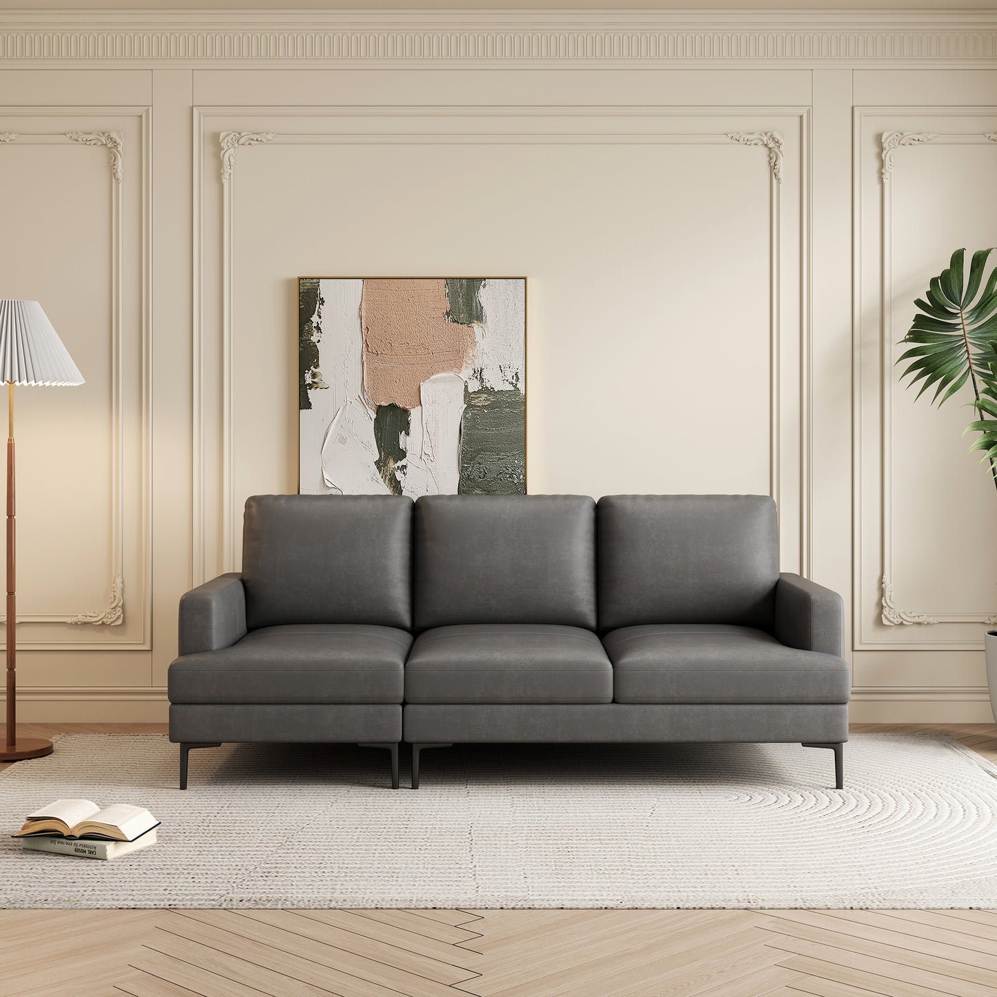 77 - inch Gray Luxury Genuine Leather - Match Sofa: USB & Type - C Charger, 3 - Seater for Living & Office