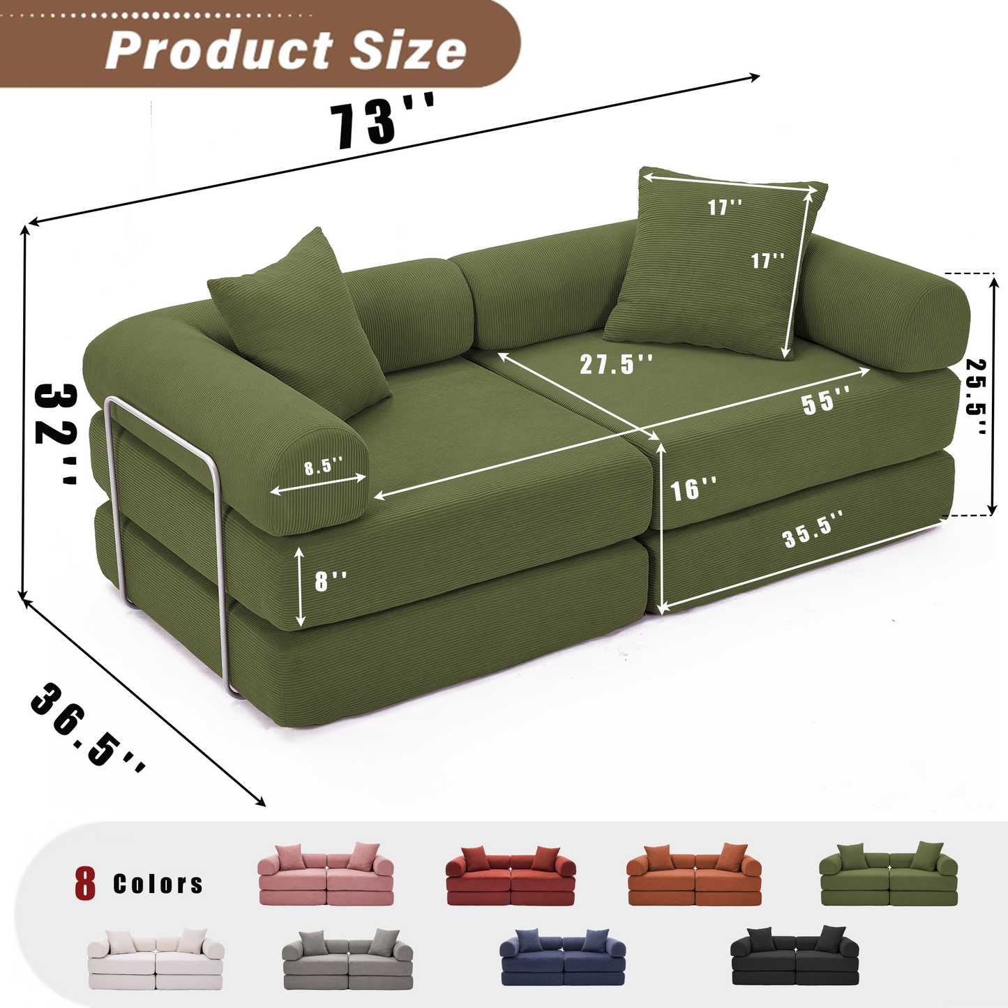 Modular Couch Sofa Bed for Apartment | Convertible Sofa Bed, Fixed-Shape Frame & Removable Armrests – No Assembly, Folding Mattress Couch for Small Spaces