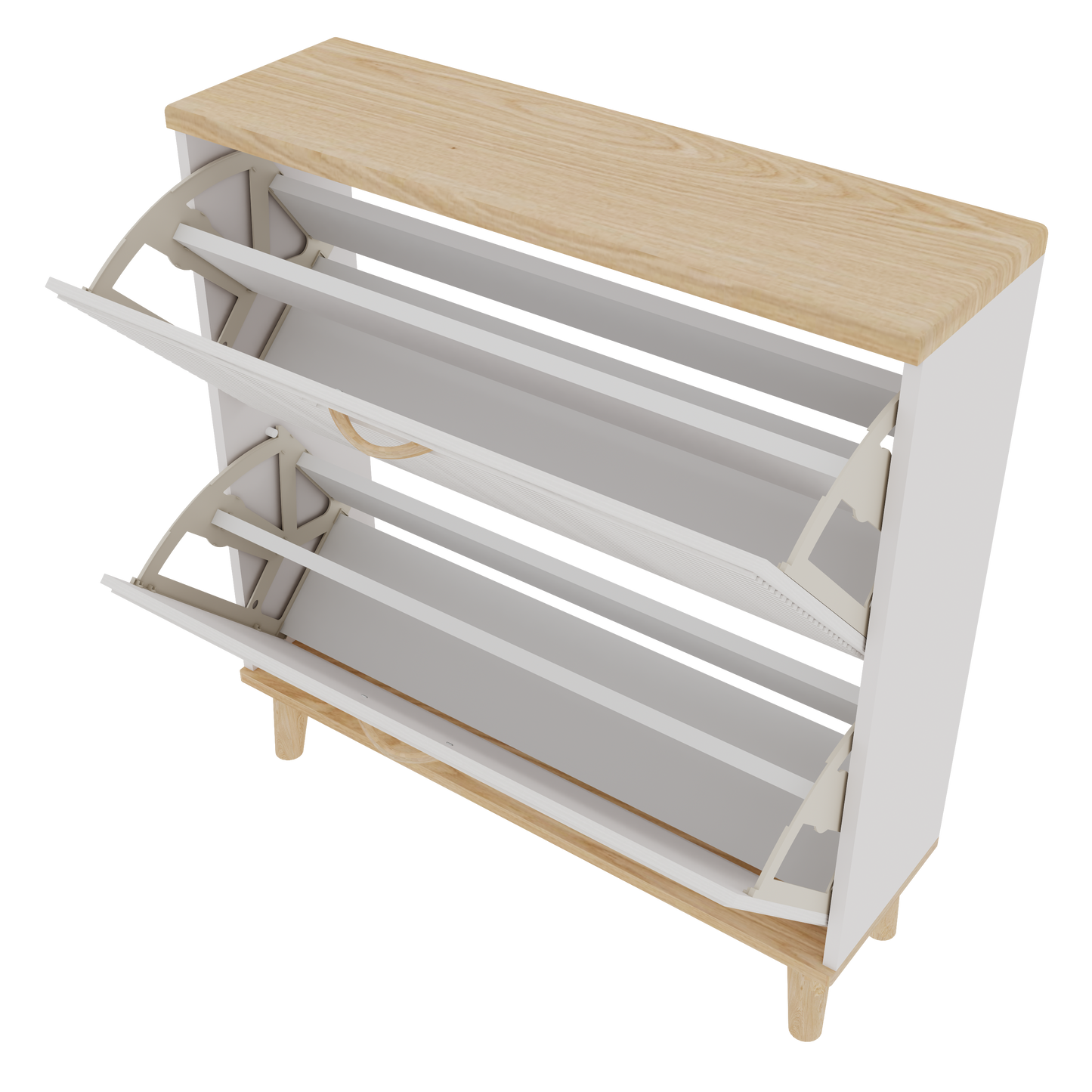 Entryway Shoe Storage: Narrow Cabinet with 2 Flip Drawers, Natural Wood Legs, Holds 8 - 16 Pairs