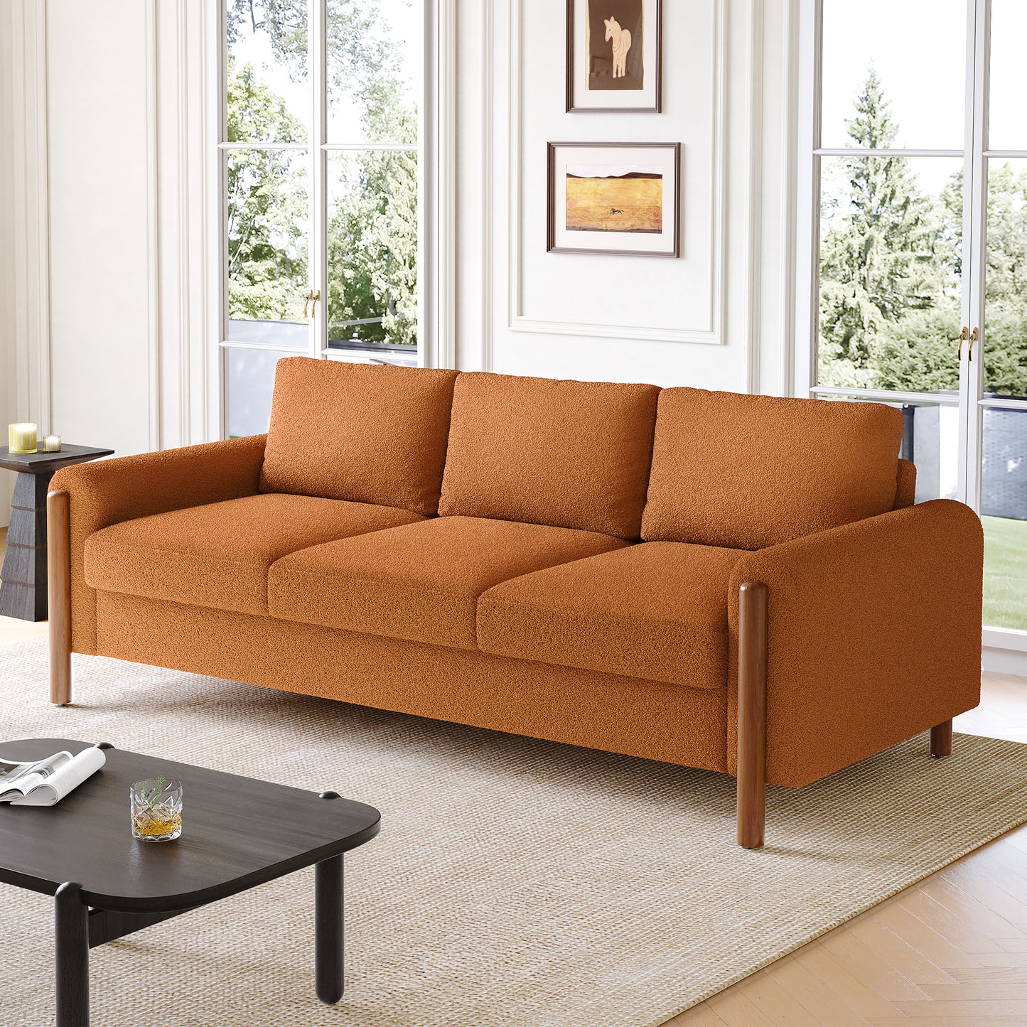3-Seater Sofa with Curved Armrest & Integrated Solid Wood Frame – Teddy Velvet Fabric