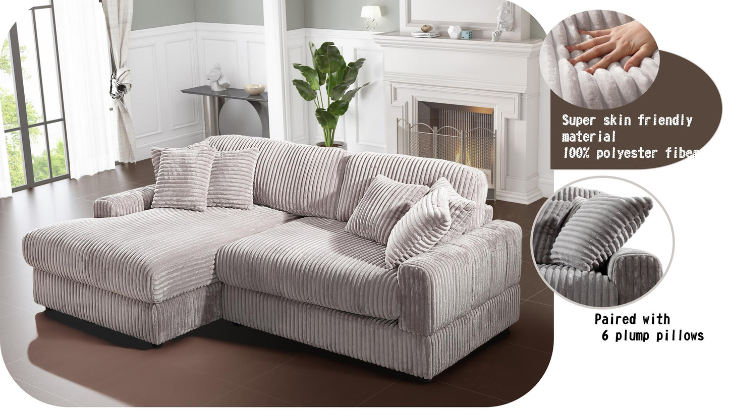 Corner Sleeper Sofa with 6 Pillows: Modern Corduroy, Deep Seat for American Living Rooms