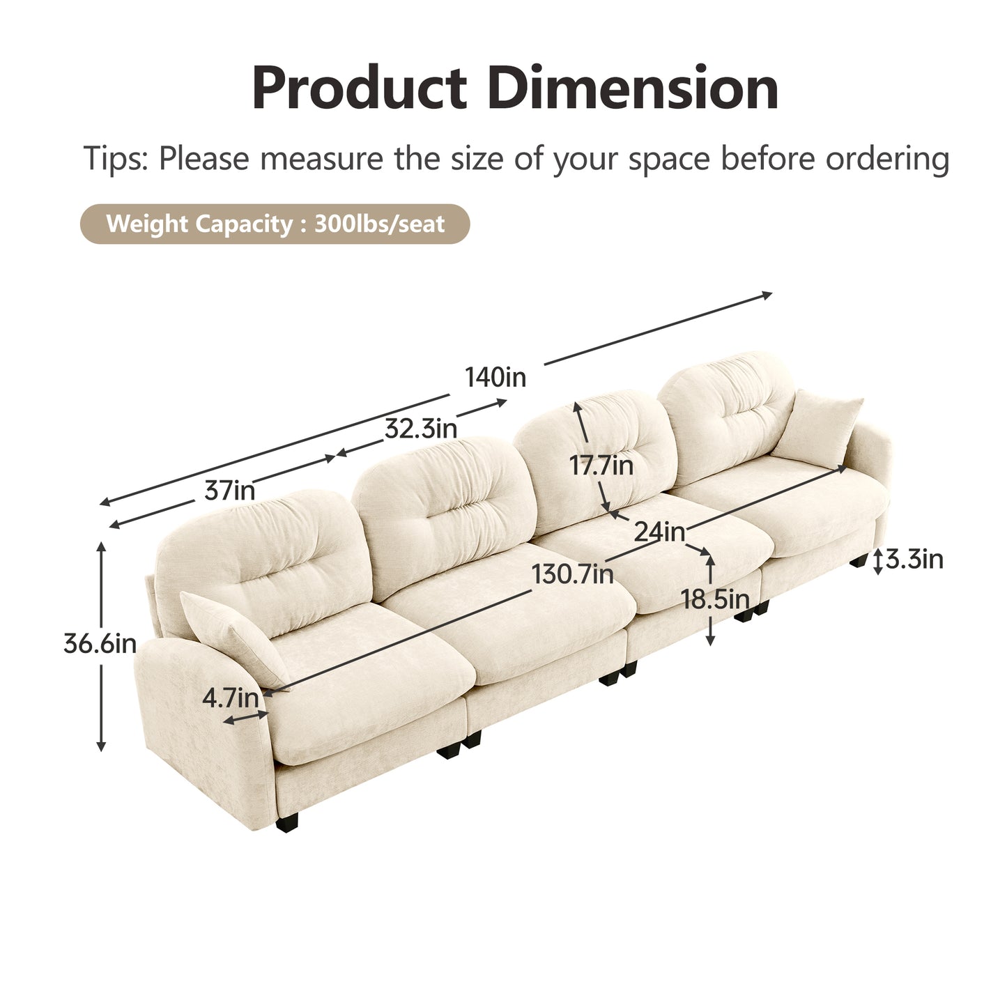 Modular Sectional Couch Chenille Fabric High-Density Foam 2-4 Seats ottoman Optional