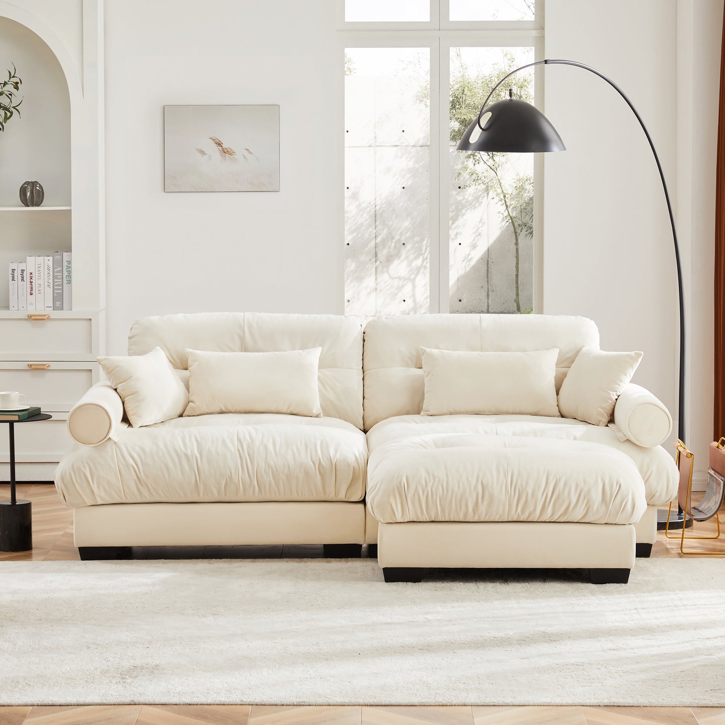 Deep Seat Cloud Couch in Cream: Modular Velvet Sectional with Bolstered Armrests 2-3-4 seats