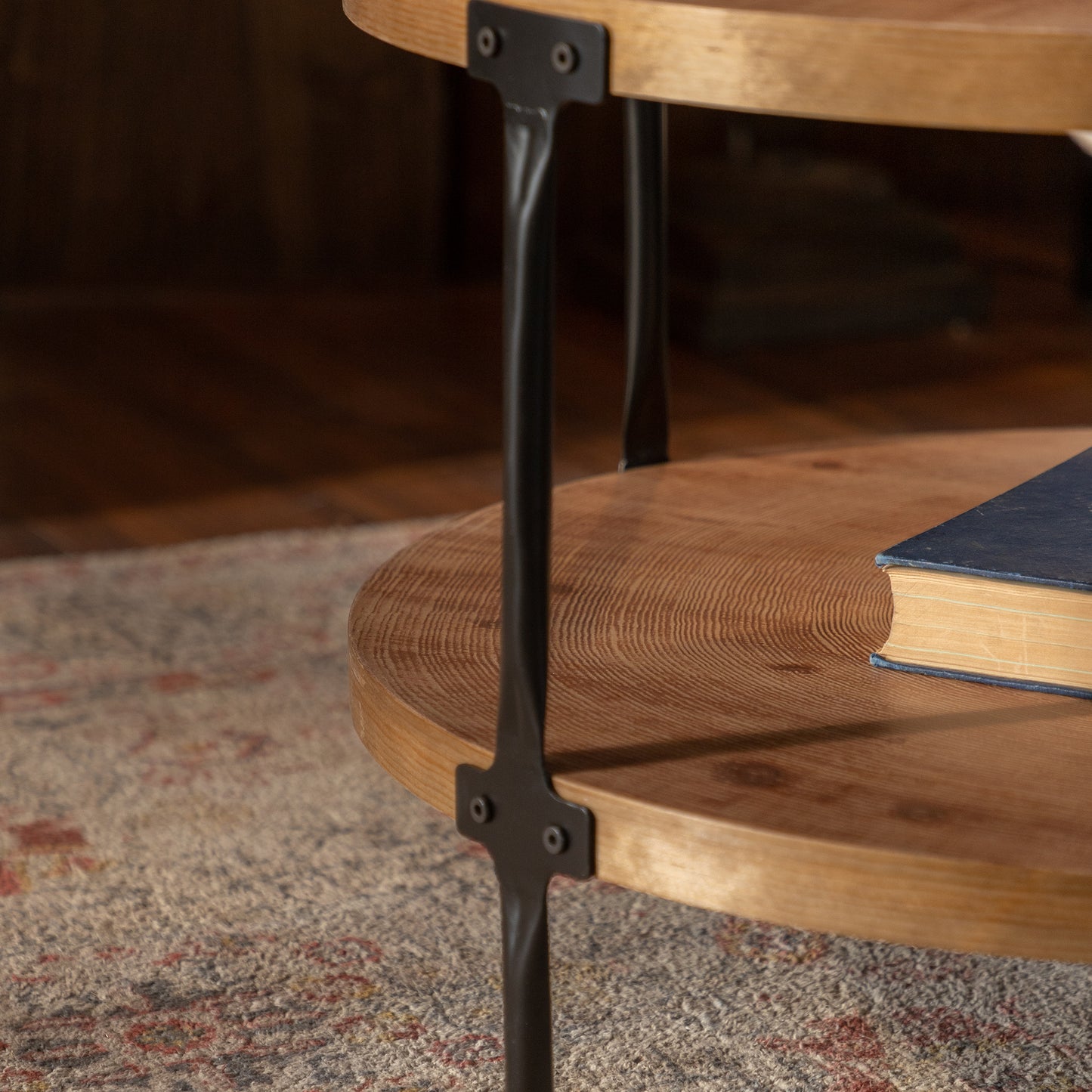 Round two-ply Coffee Table Handcrafted Relief Sturdy Pedestal Wooden