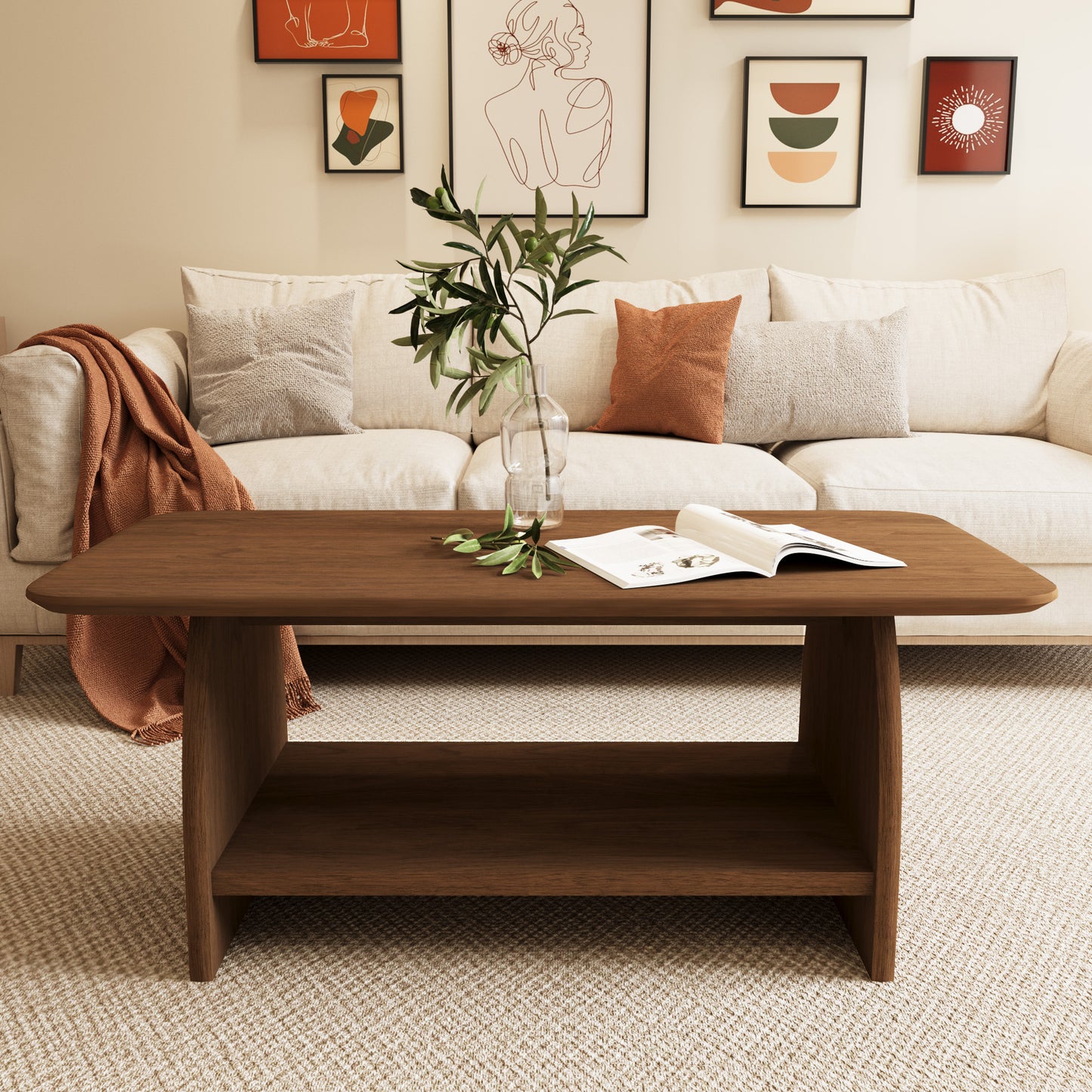Double-layer rectangular coffee table with storage function, rounded corner design, MDF material