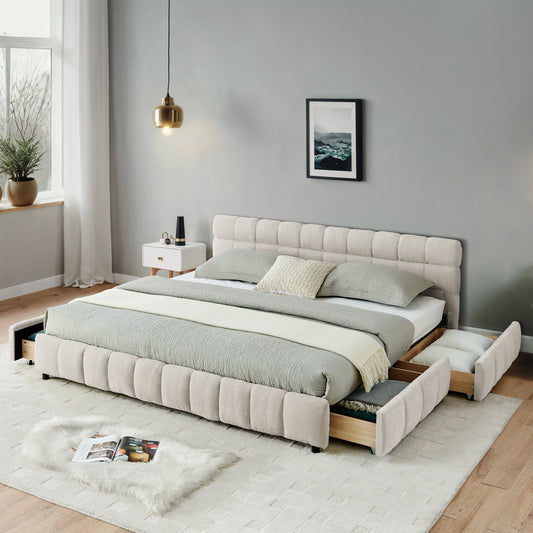 California King size Upholstered Bed Frame, Chenille fabric with headboard and solid bed frame. With drawer for storage