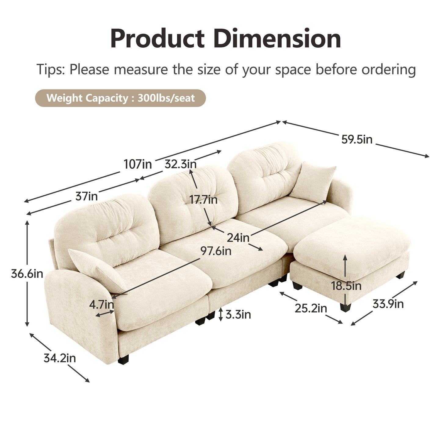 Modular Sectional Couch Chenille Fabric High-Density Foam 2-4 Seats ottoman Optional