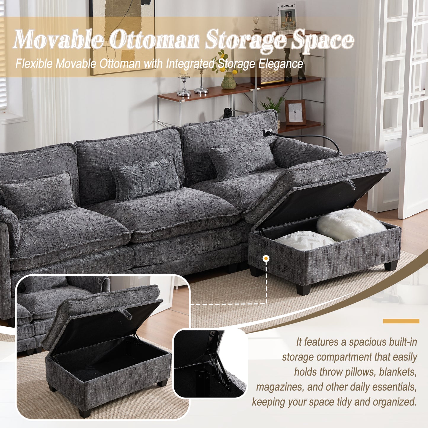 Modern Chenille L Shaped Couch, Comfy Boucle Modular Sofa Sleeper with Movable Storage Ottoman, Phone Holder, USB Charging Port