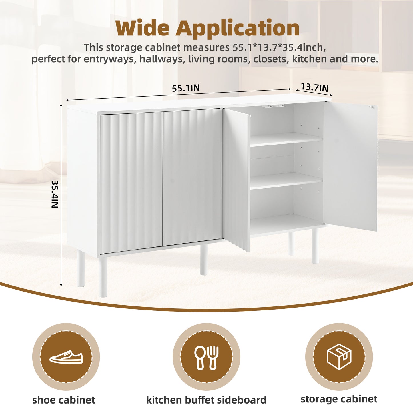 Shoe Cabinet with 5 Solid Wood Legs | Cream Style Sideboard Buffet Cabinet with Fluted Doors – Large 4-Door Storage Cabinet with Adjustable Shelves
