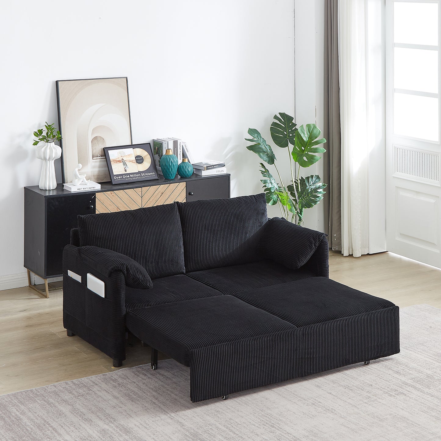 Sleeper Sofa Bed 3-in-1 Adjustable Sleeper with Pullout Bed, 2 Pillows and Side Pockets – Corduroy Loveseat