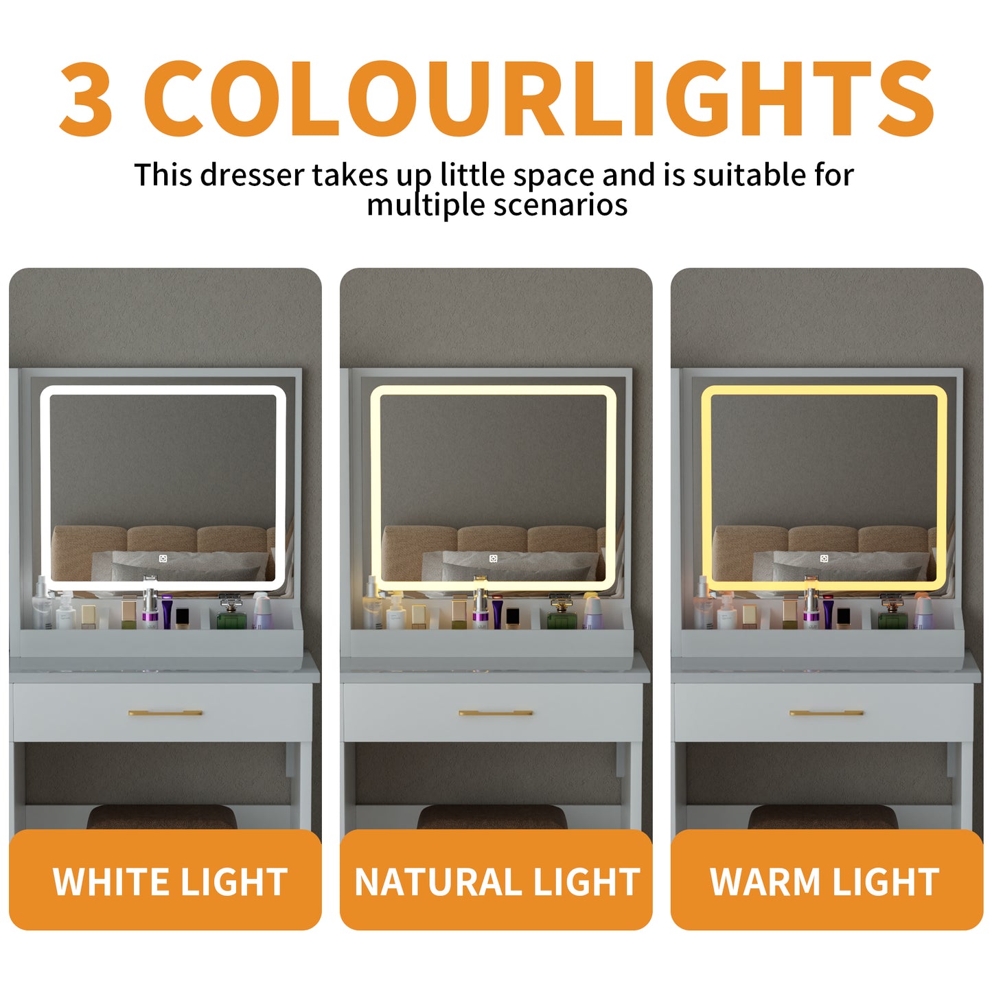 32'' Wide Makeup Vanity Desk: Lighted Mirror, Power Outlet, Ample Storage & Cushioned Stool for Bedroom & Studio