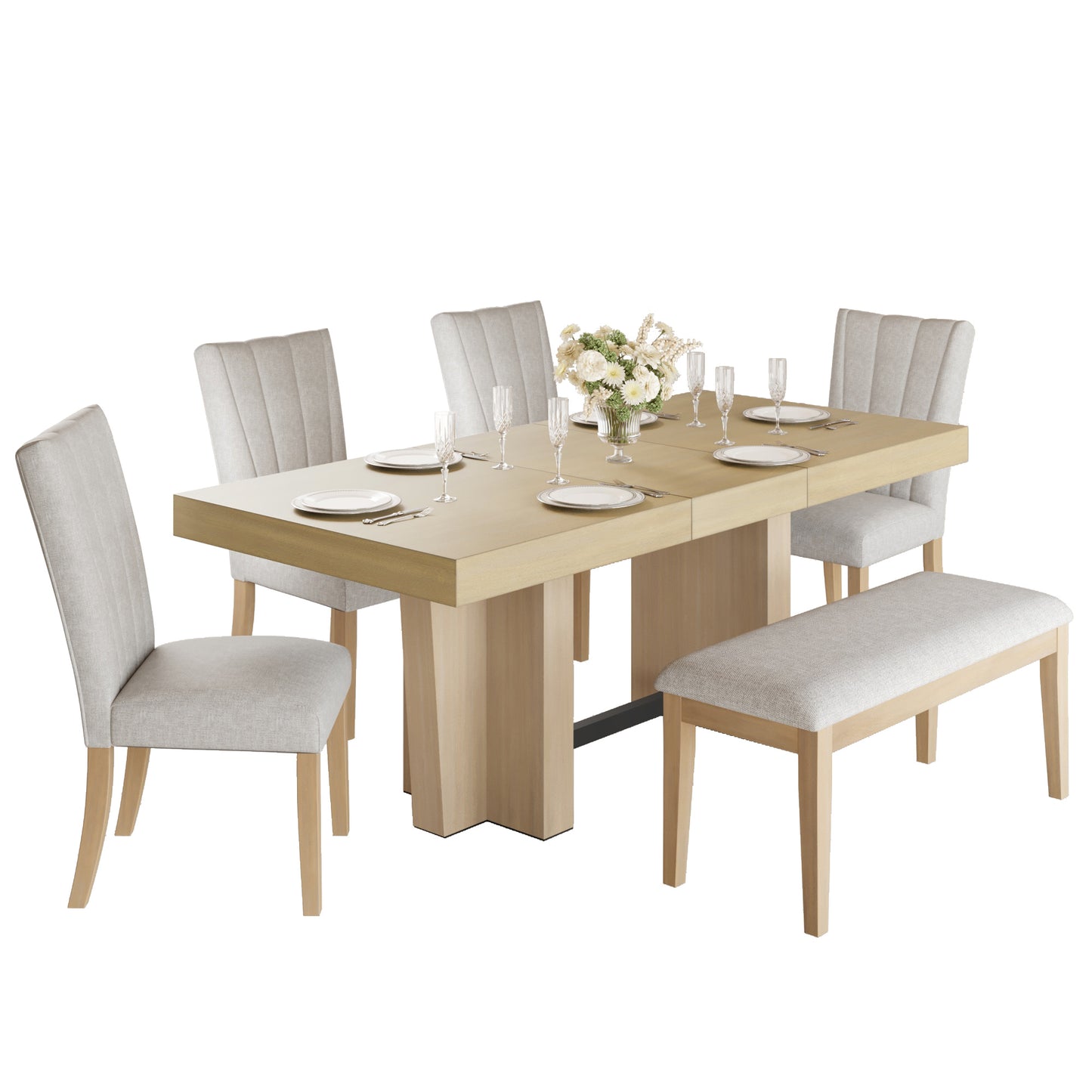 Extendable Wood Dining Table Set for 6, Kitchen Table Set with Bench and 4 Upholstered Chairs