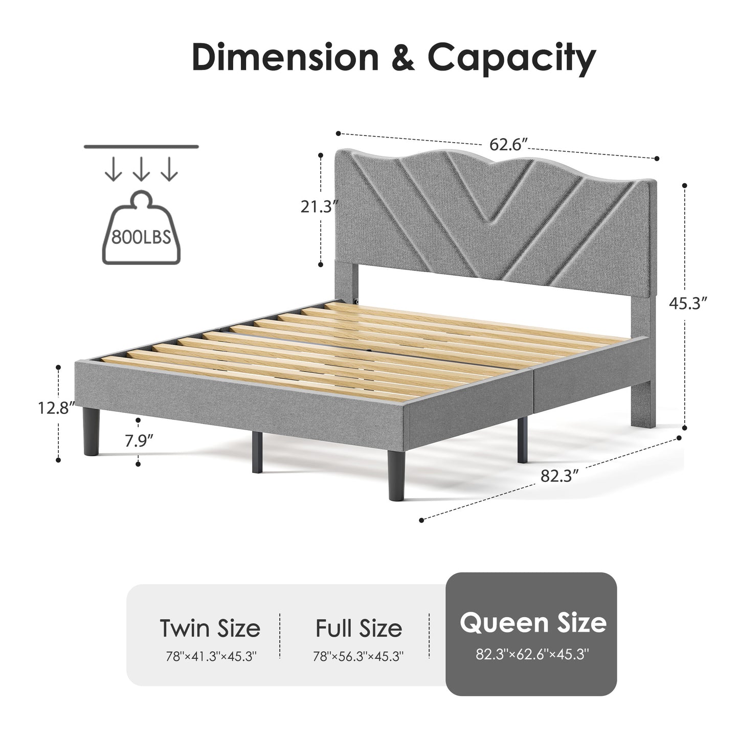 Modern Platform Bed Frame with Upholstered Headboard and Wooden Slats - Skip Box Spring, Easy Assembly
