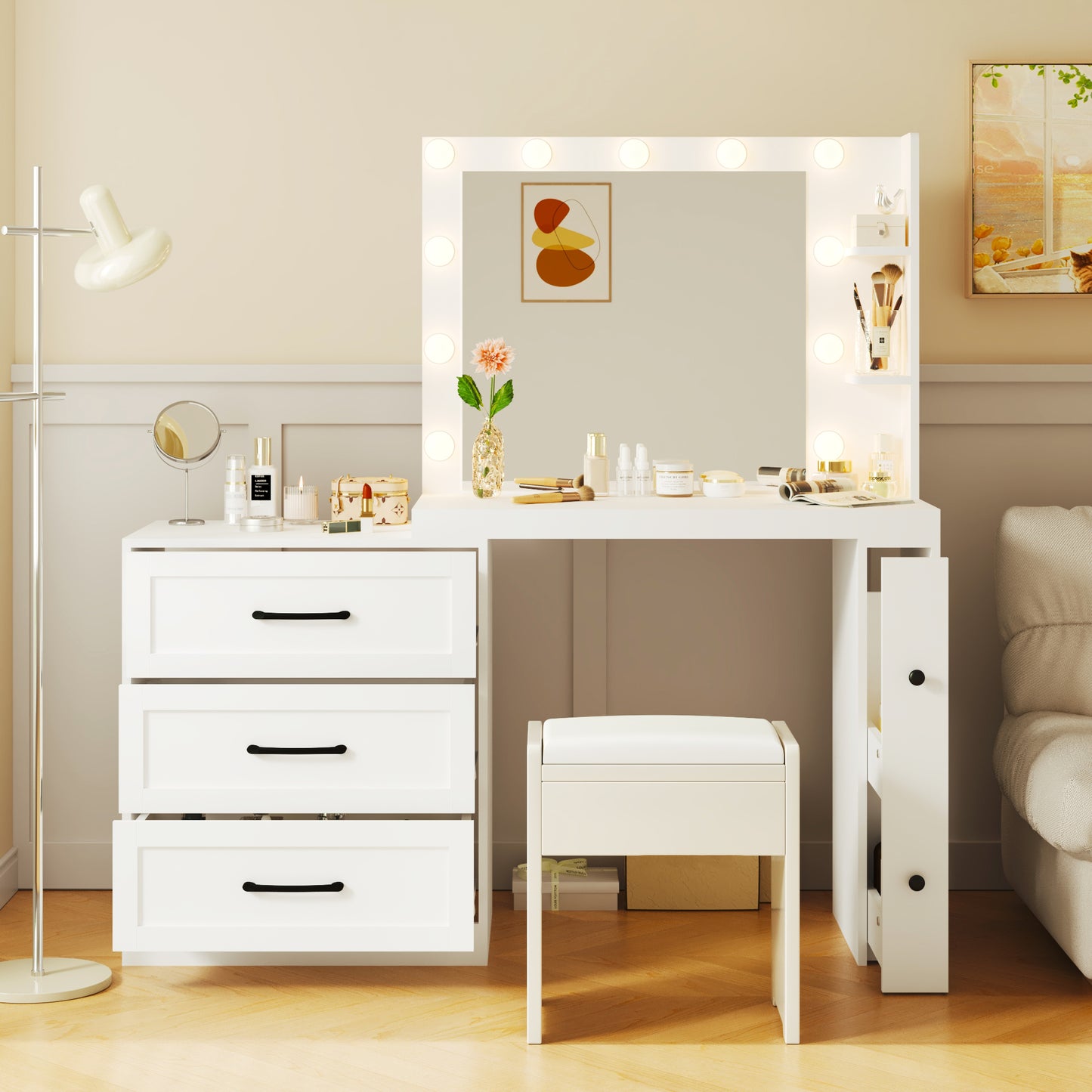Makeup Vanity with Hollywood Lights: 5 Storage Drawers, 2 - Shelves, Freely Adjustable Side Cabine