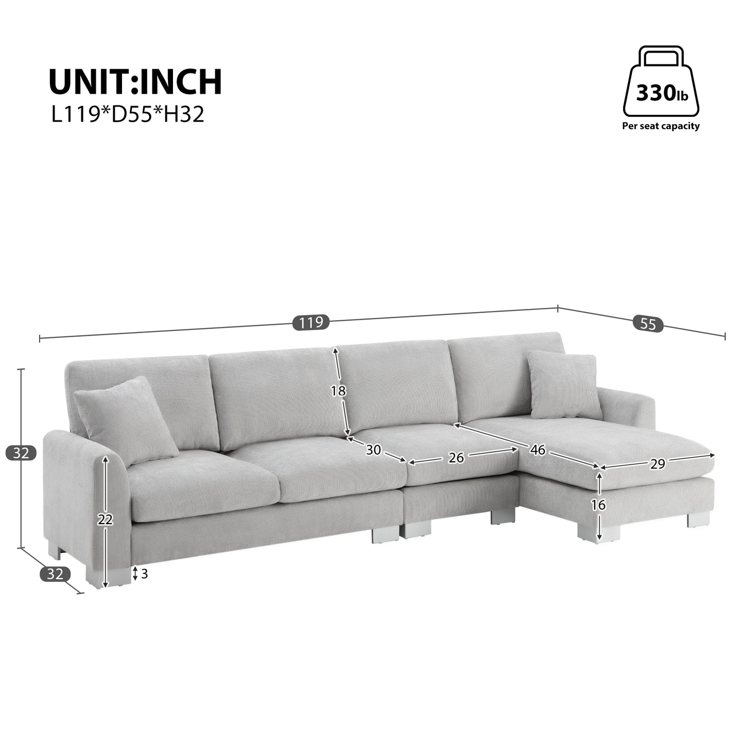 119'' Modern Oversized L - shaped Sectional Sofa: Ideal for Living Room, Apartment & Office - 5 - Seat Chenille with Chaise & 2 Free Pillows Light Gray