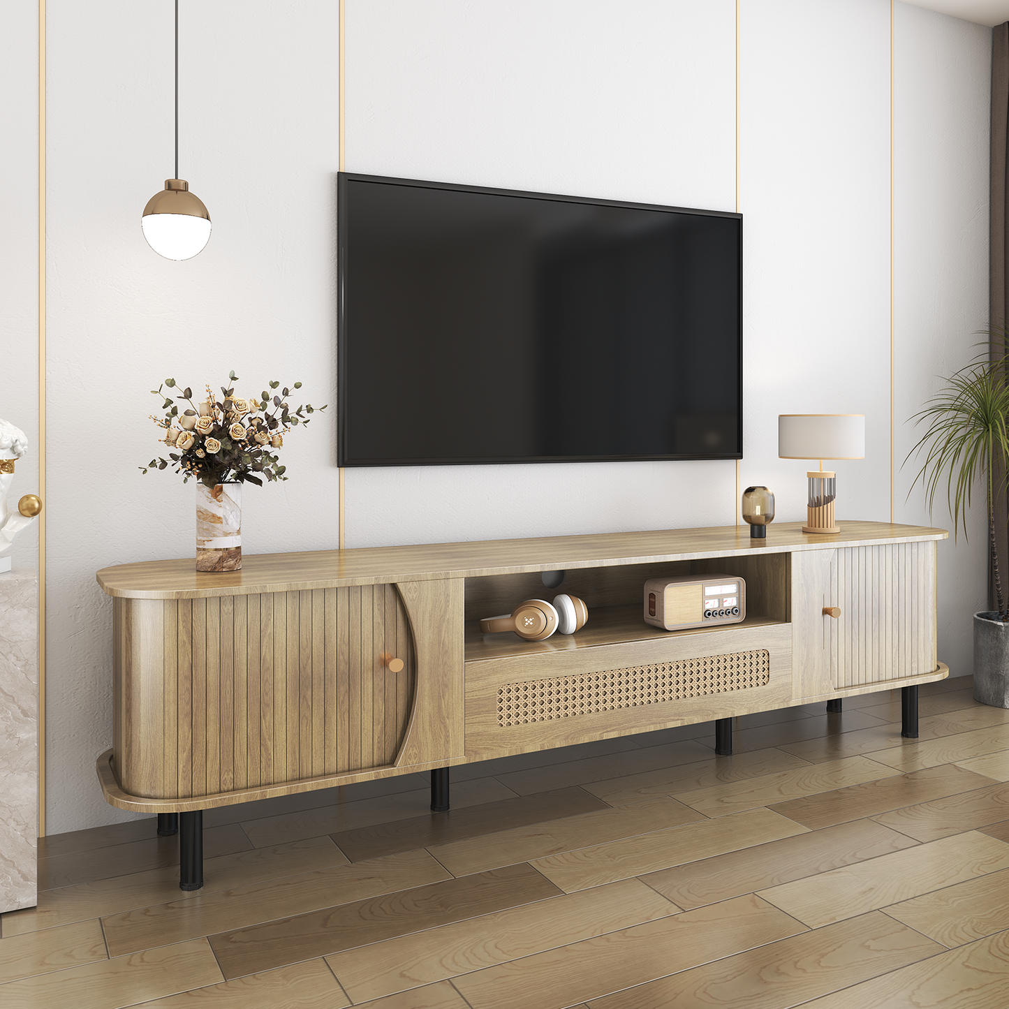 Modern Curved TV Stand for 80 - Inch TVs: Farmhouse - Style with Cable Management 3 Colors